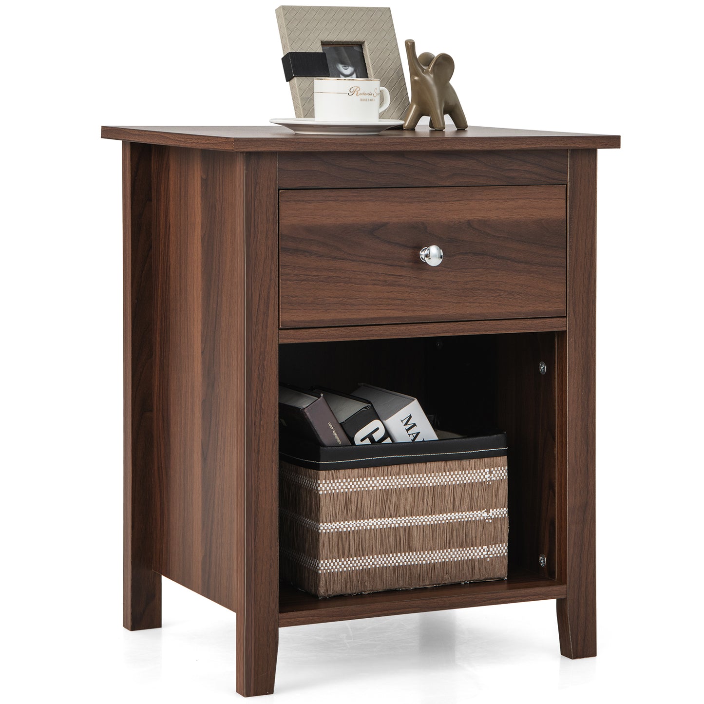 Wooden Nightstand with Slide-out Drawer and Open Shelf for Bedroom or Living Room - Walnut