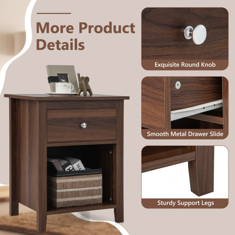 Wooden Nightstand with Slide-out Drawer and Open Shelf for Bedroom or Living Room - Walnut