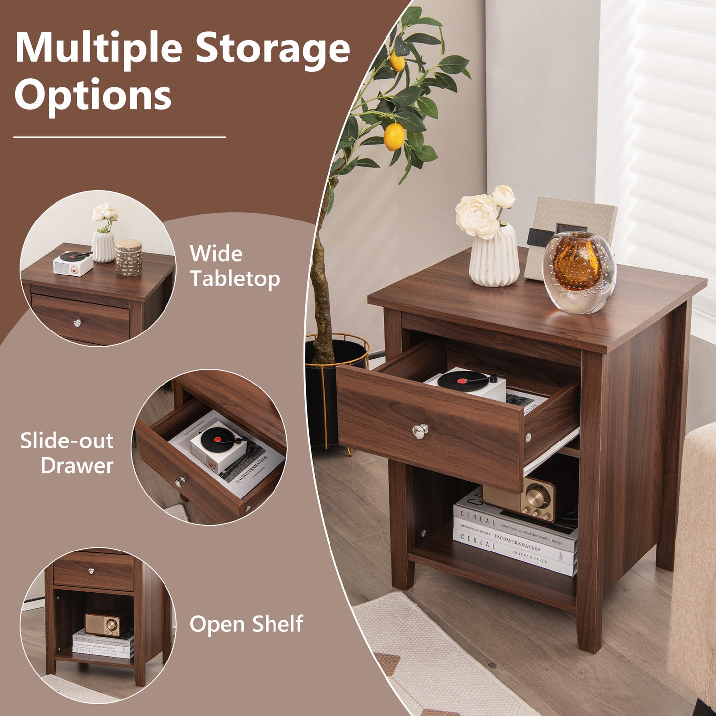 Wooden Nightstand with Slide-out Drawer and Open Shelf for Bedroom or Living Room - Walnut