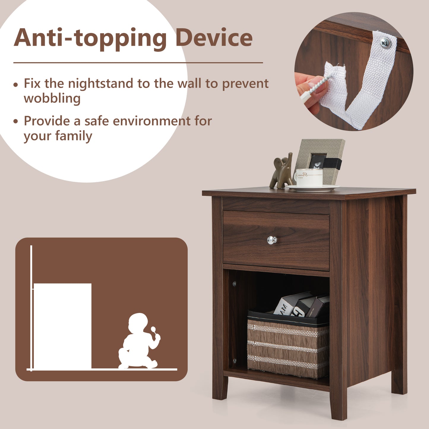 Wooden Nightstand with Slide-out Drawer and Open Shelf for Bedroom or Living Room - Walnut
