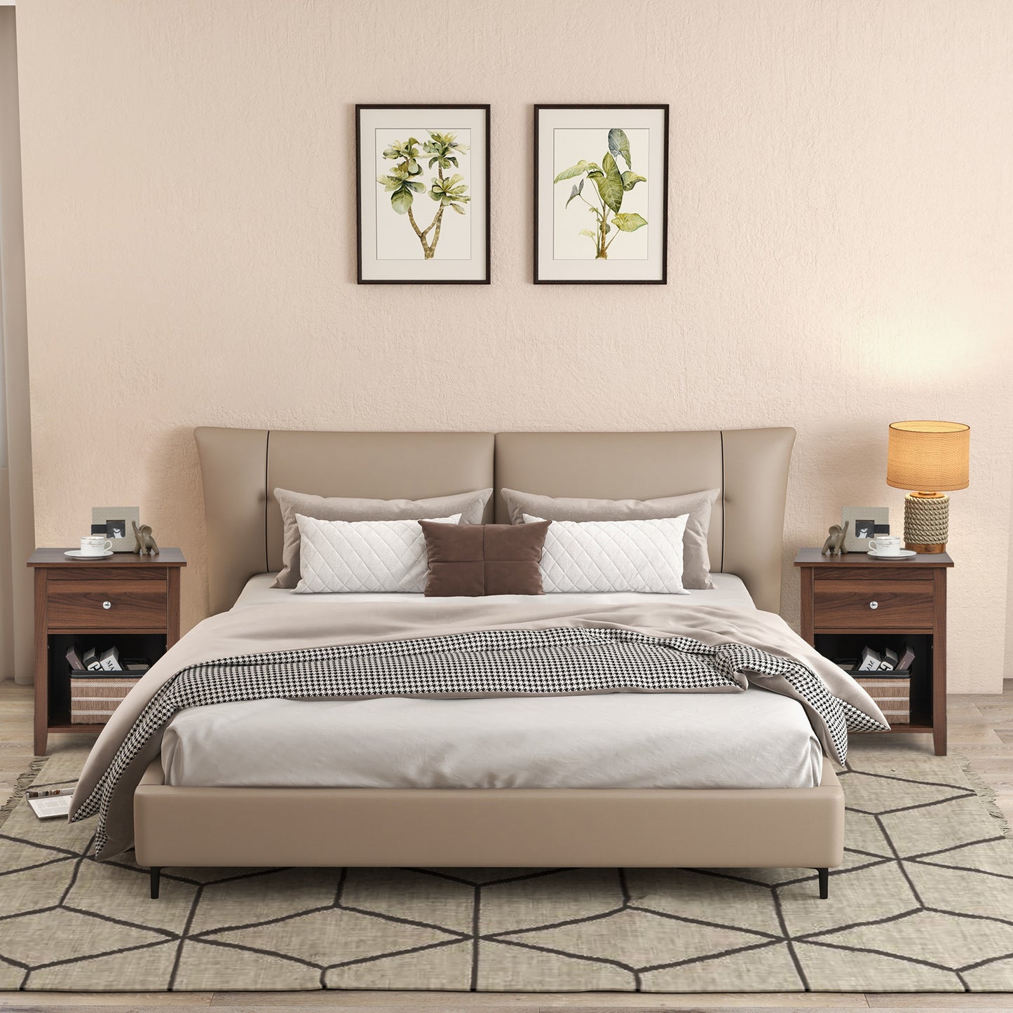 Wooden Nightstand with Slide-out Drawer and Open Shelf for Bedroom or Living Room - Walnut