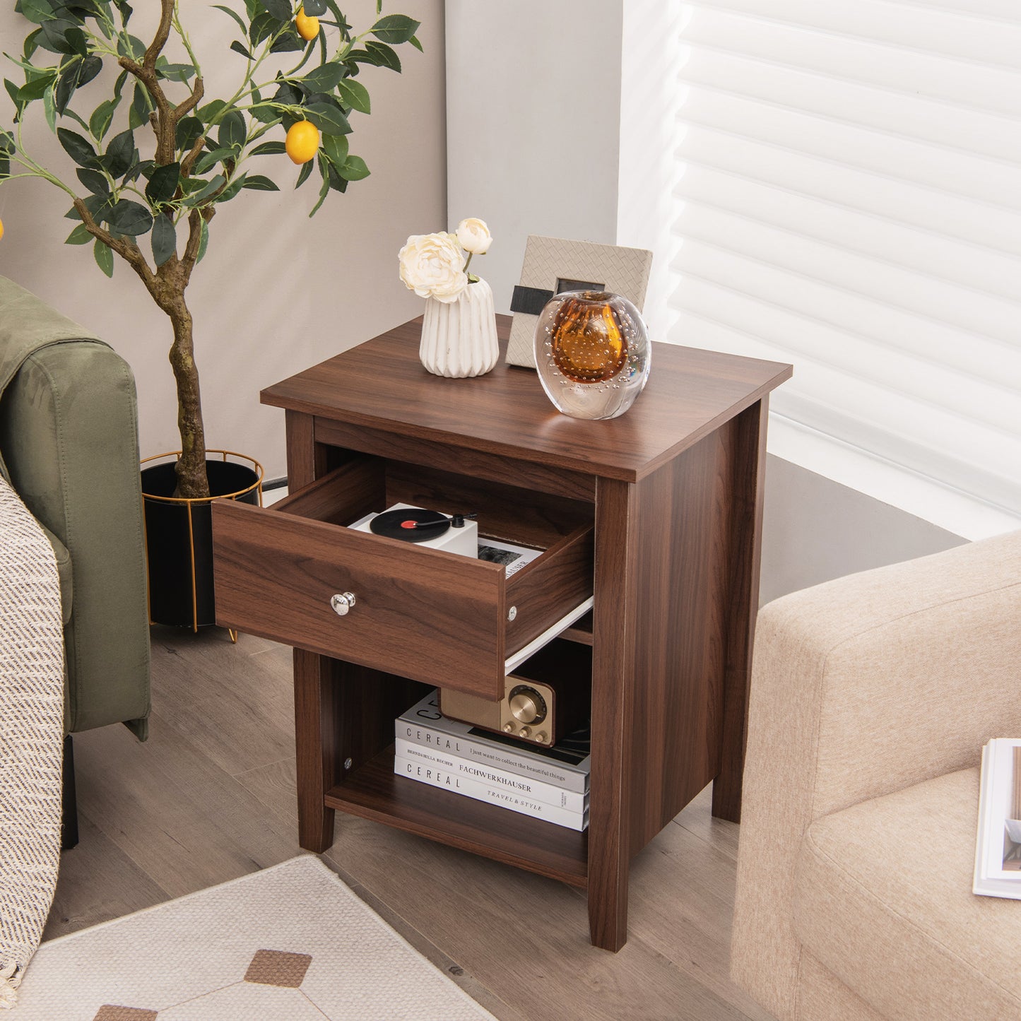 Wooden Nightstand with Slide-out Drawer and Open Shelf for Bedroom or Living Room - Walnut