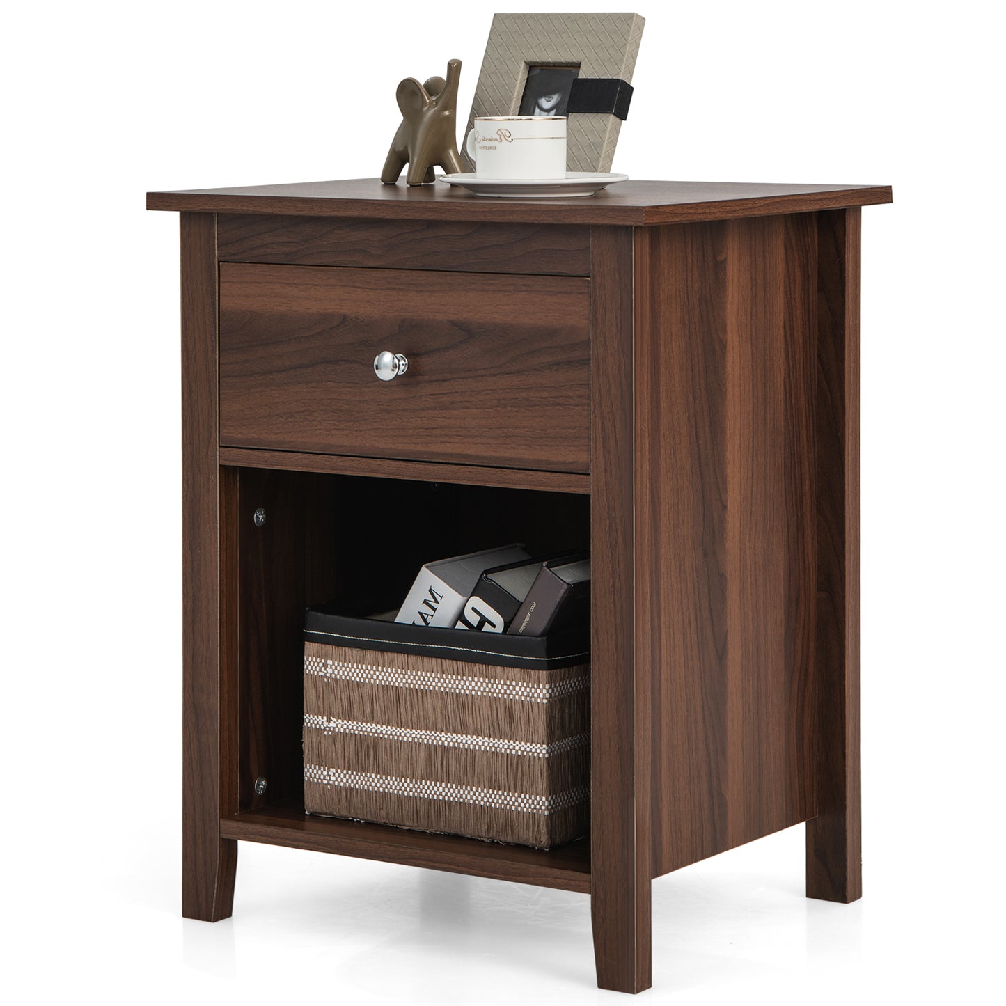 Wooden Nightstand with Slide-out Drawer and Open Shelf for Bedroom or Living Room - Walnut