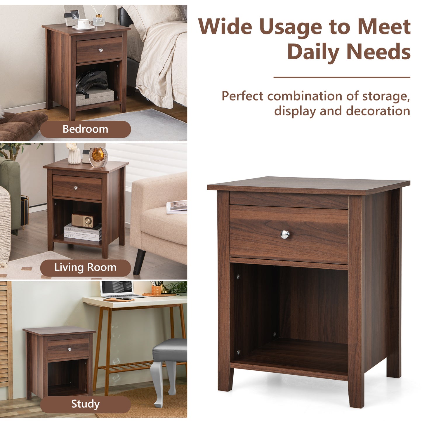 Wooden Nightstand with Slide-out Drawer and Open Shelf for Bedroom or Living Room - Walnut