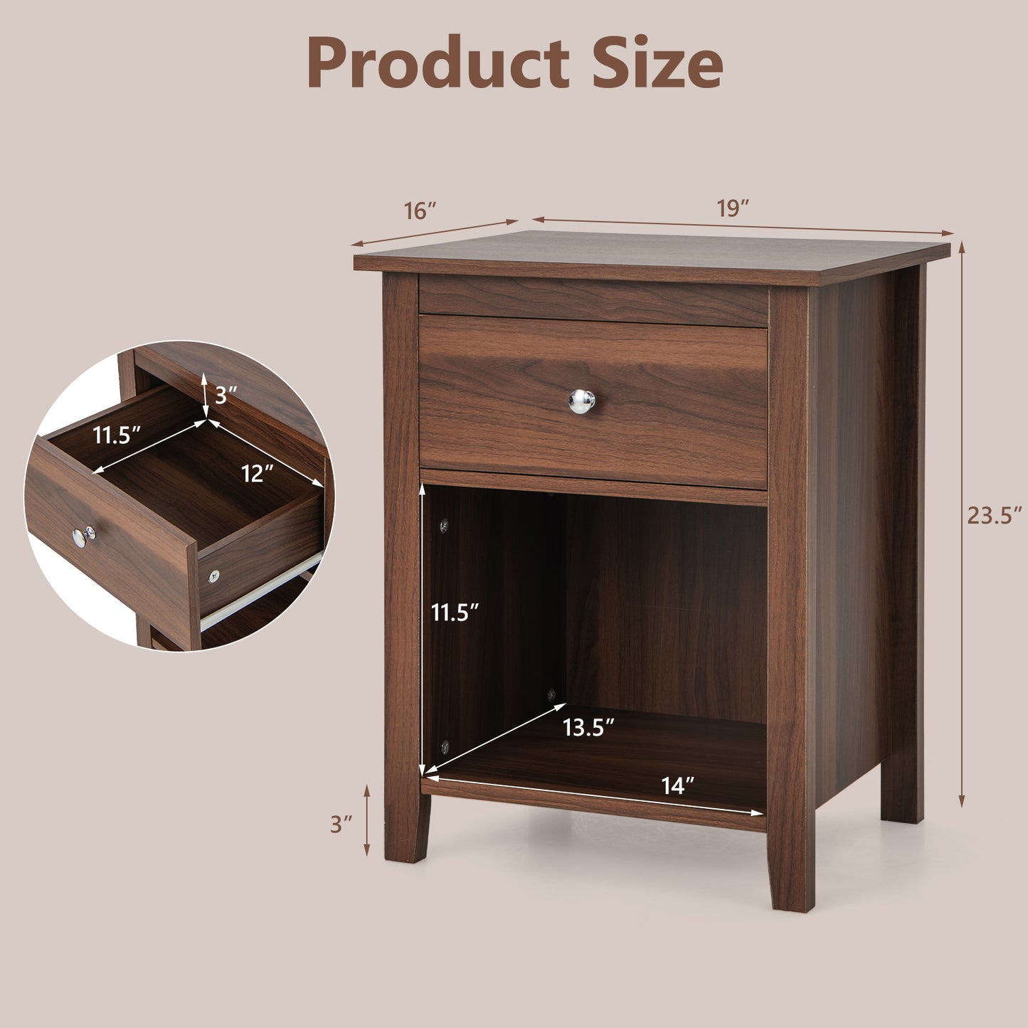 Wooden Nightstand with Slide-out Drawer and Open Shelf for Bedroom or Living Room - Walnut