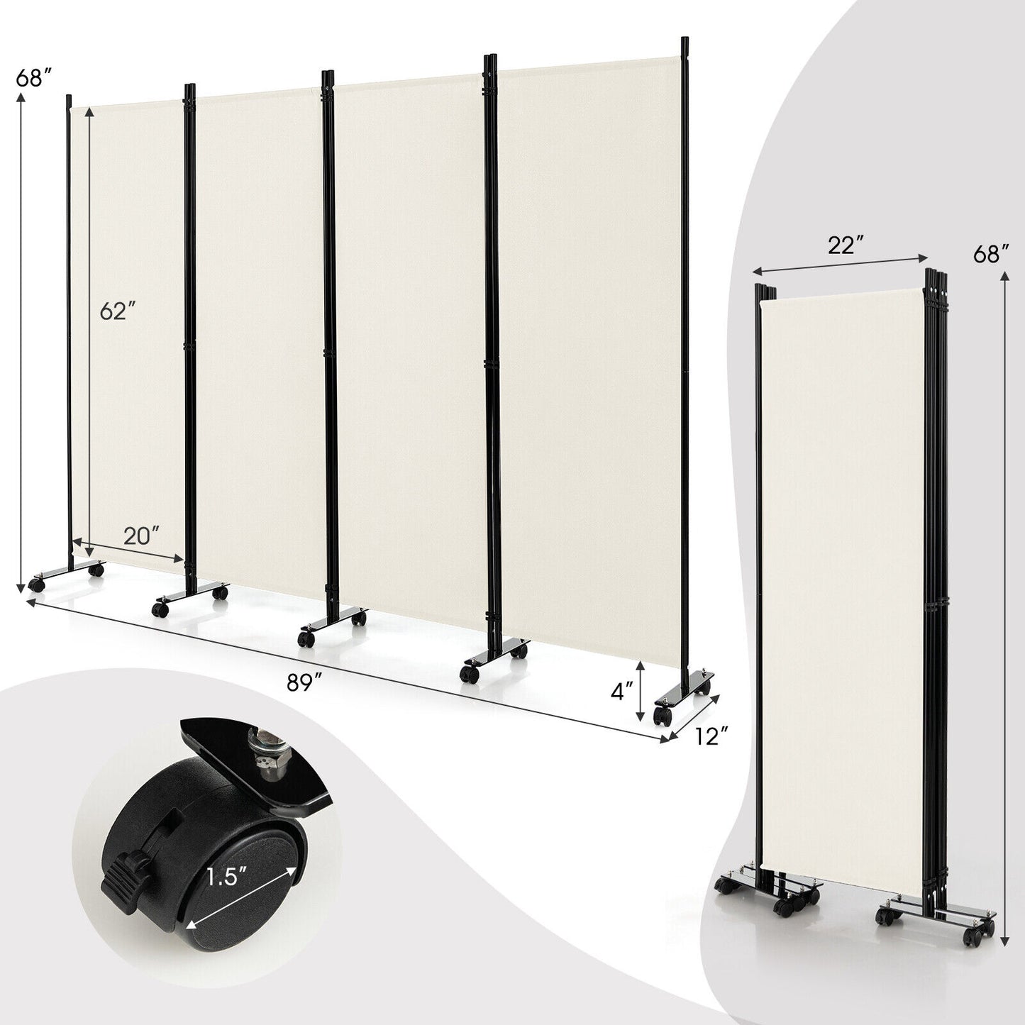 6 Foot 4-Panel Folding Room Divider with Lockable Rolling Wheels - White