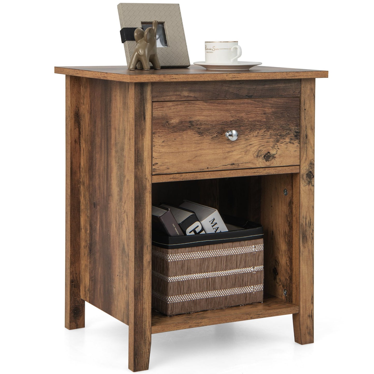 Wooden Nightstand with Slide-out Drawer and Open Shelf for Bedroom or Living Room - Rustic Brown