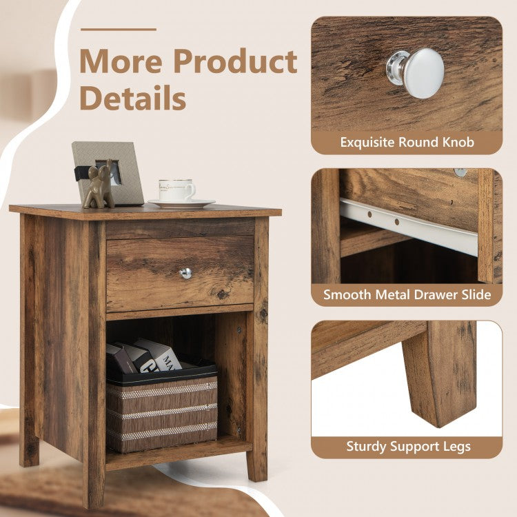 Wooden Nightstand with Slide-out Drawer and Open Shelf for Bedroom or Living Room - Rustic Brown