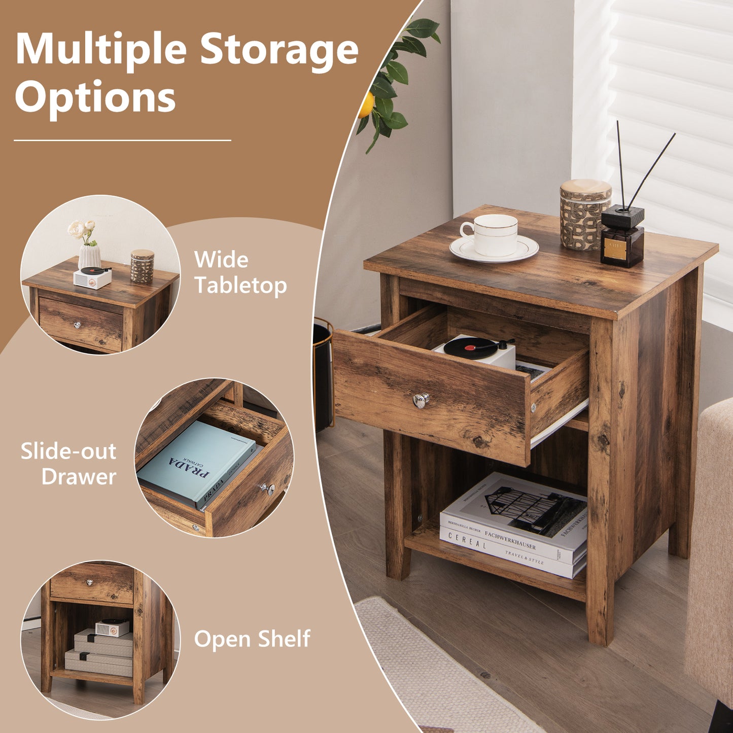 Wooden Nightstand with Slide-out Drawer and Open Shelf for Bedroom or Living Room - Rustic Brown