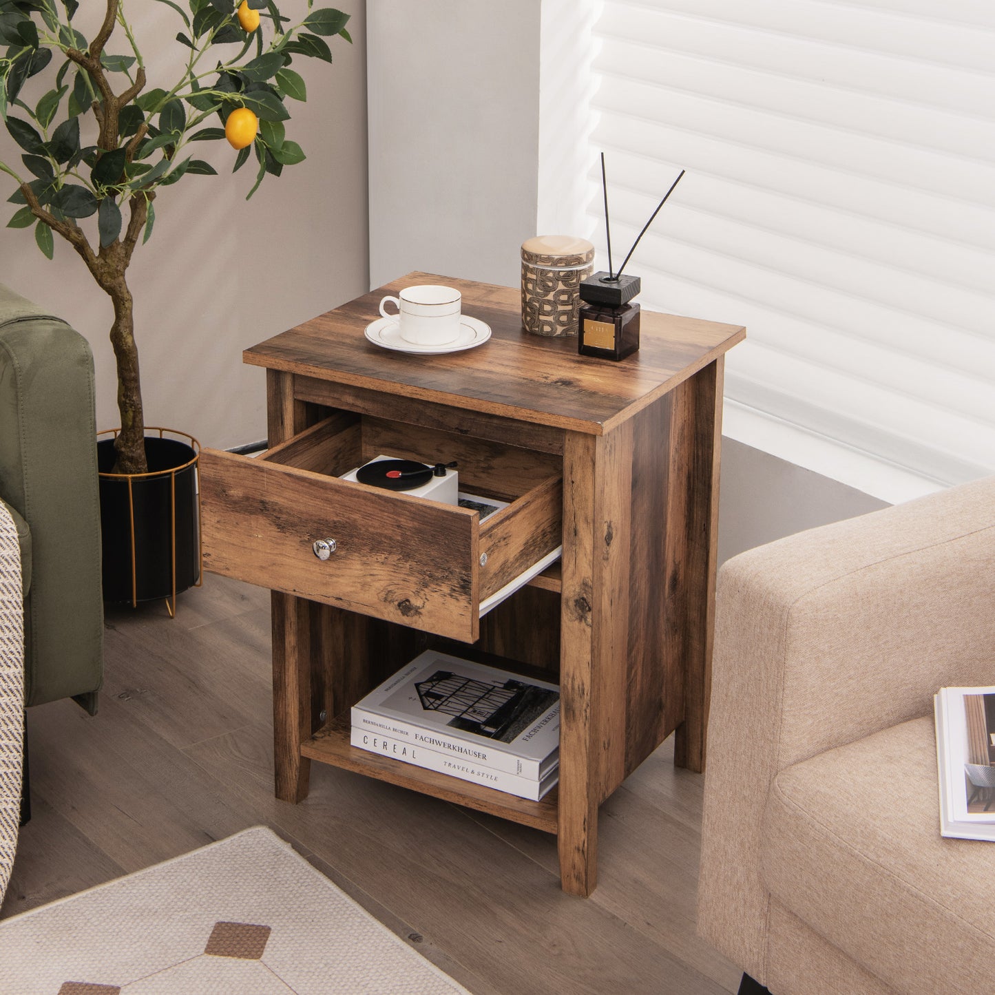 Wooden Nightstand with Slide-out Drawer and Open Shelf for Bedroom or Living Room - Rustic Brown