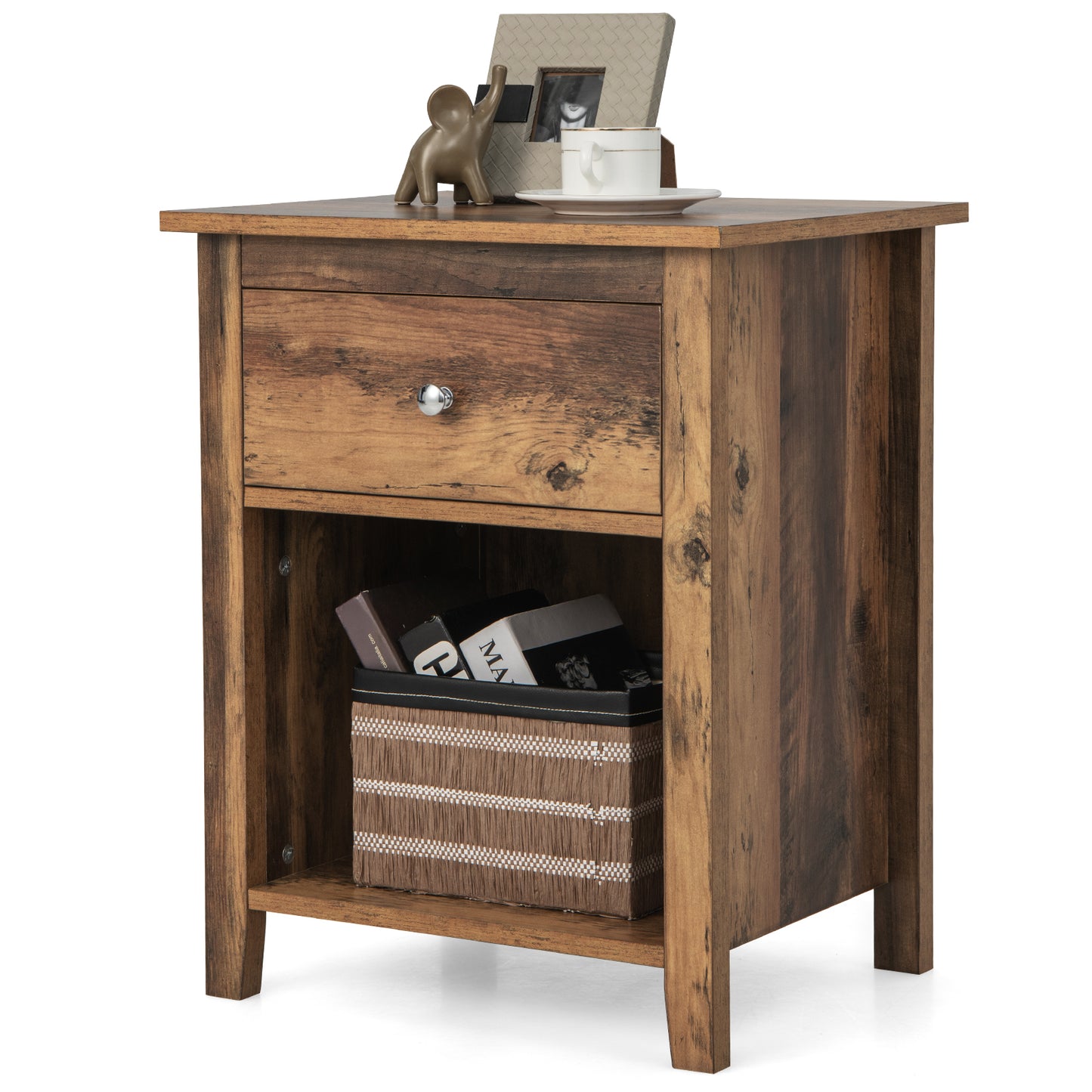 Wooden Nightstand with Slide-out Drawer and Open Shelf for Bedroom or Living Room - Rustic Brown