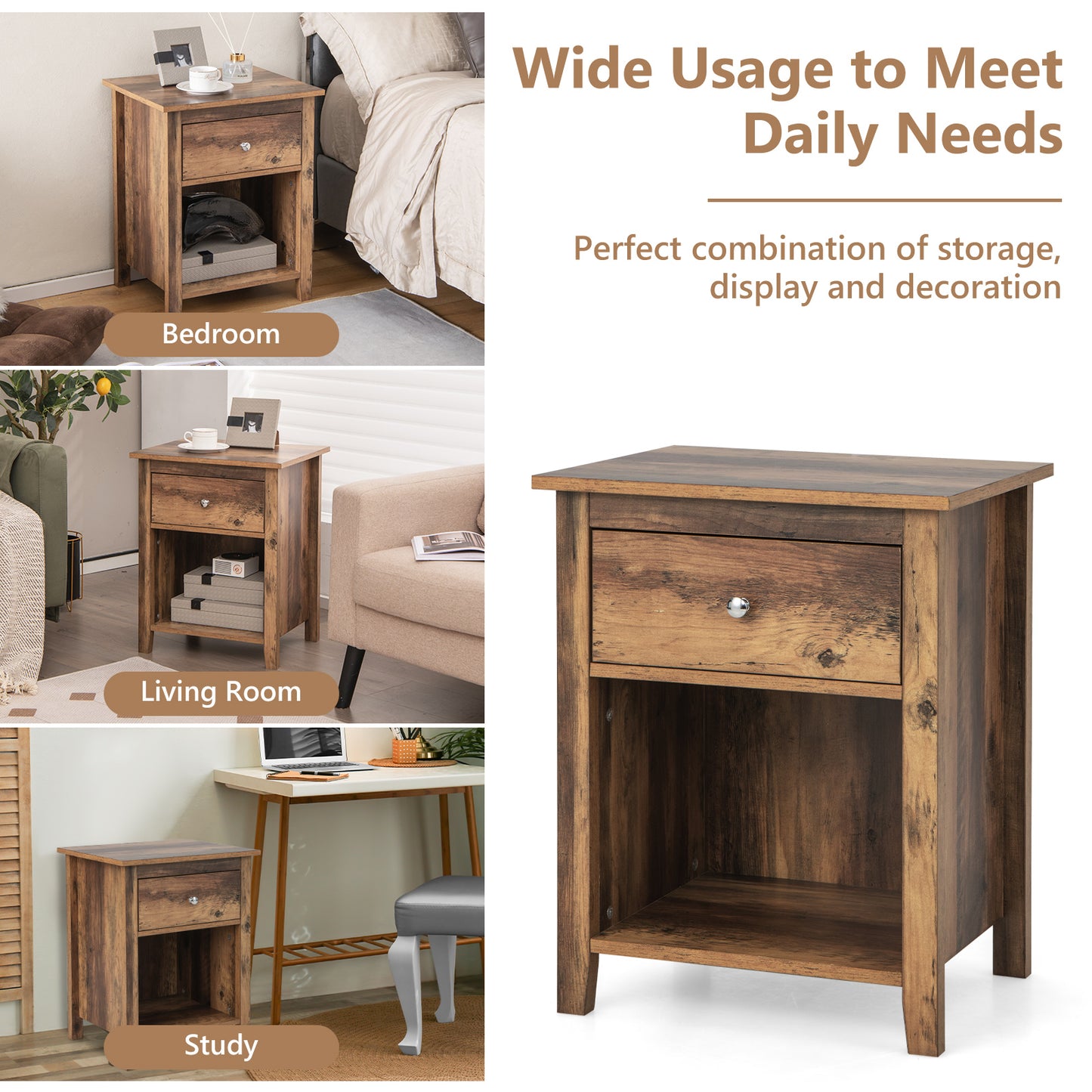 Wooden Nightstand with Slide-out Drawer and Open Shelf for Bedroom or Living Room - Rustic Brown