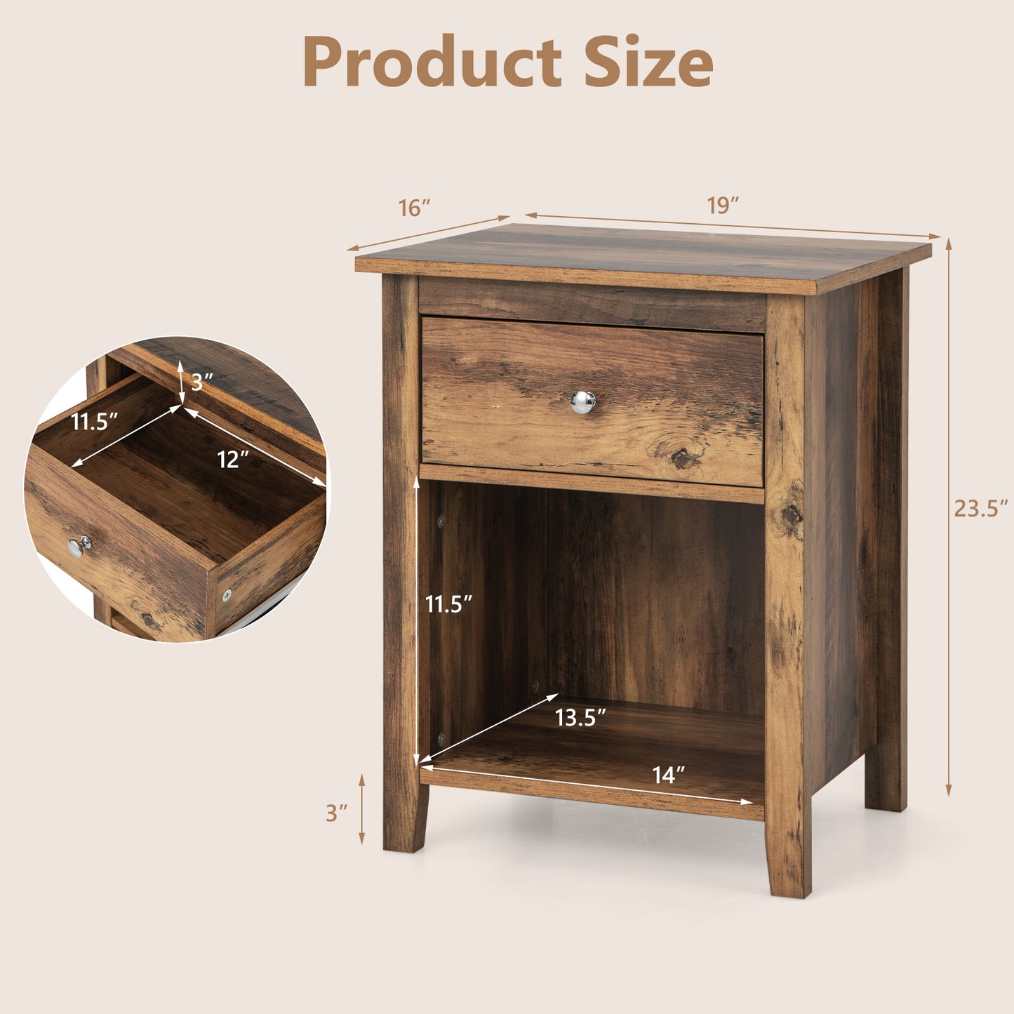 Wooden Nightstand with Slide-out Drawer and Open Shelf for Bedroom or Living Room - Rustic Brown