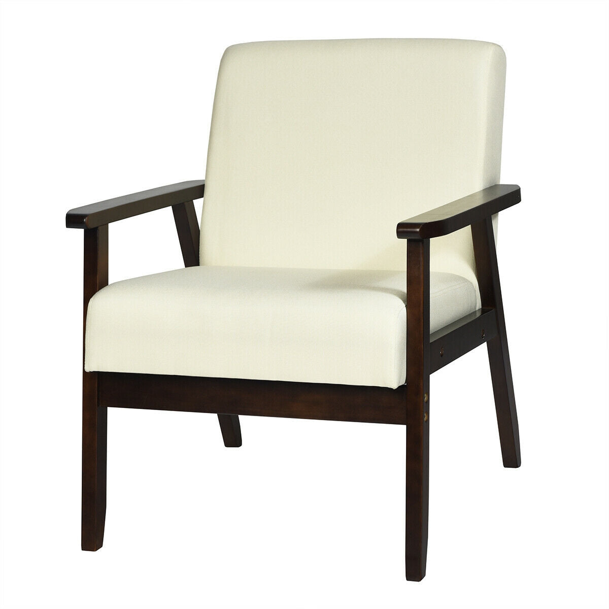 Mid-Century Style Accent Chair with Solid Wood Frame and Soft Fabric Seat, Beige