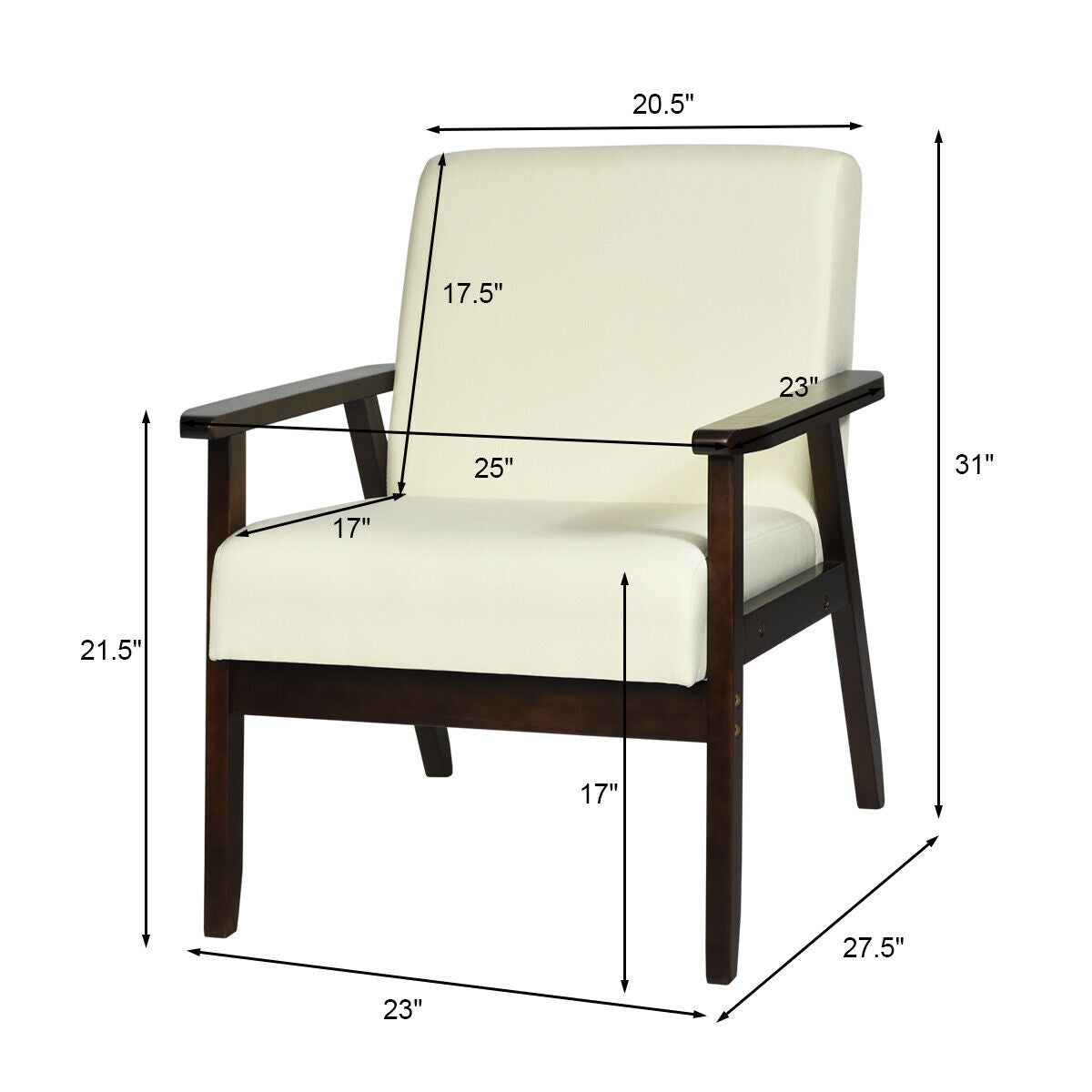 Mid-Century Style Accent Chair with Solid Wood Frame and Soft Fabric Seat, Beige
