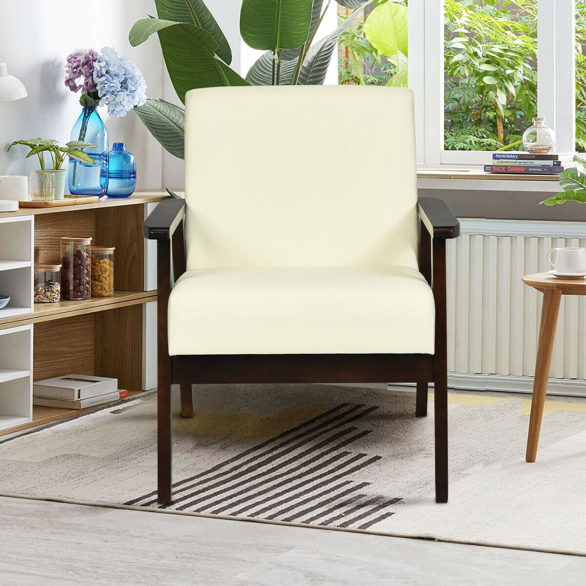 Mid-Century Style Accent Chair with Solid Wood Frame and Soft Fabric Seat, Beige
