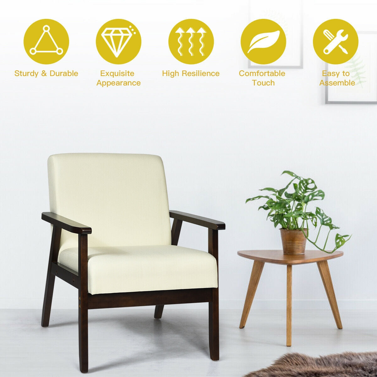 Mid-Century Style Accent Chair with Solid Wood Frame and Soft Fabric Seat, Beige