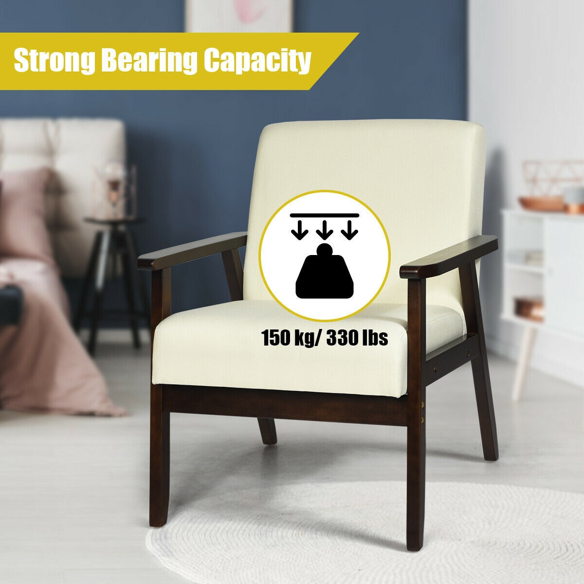 Mid-Century Style Accent Chair with Solid Wood Frame and Soft Fabric Seat, Beige