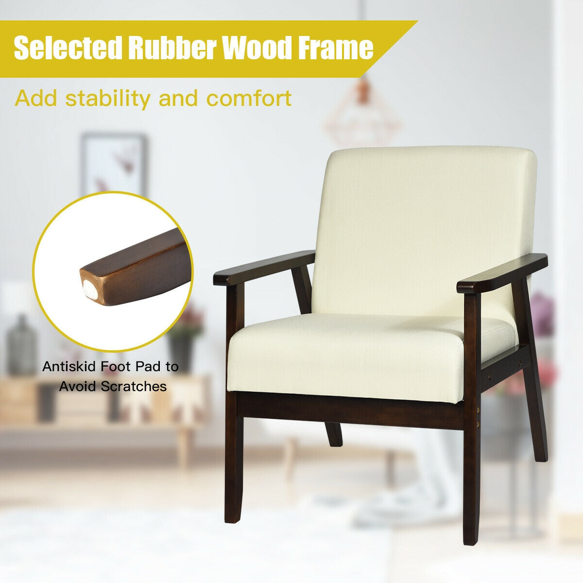Mid-Century Style Accent Chair with Solid Wood Frame and Soft Fabric Seat, Beige