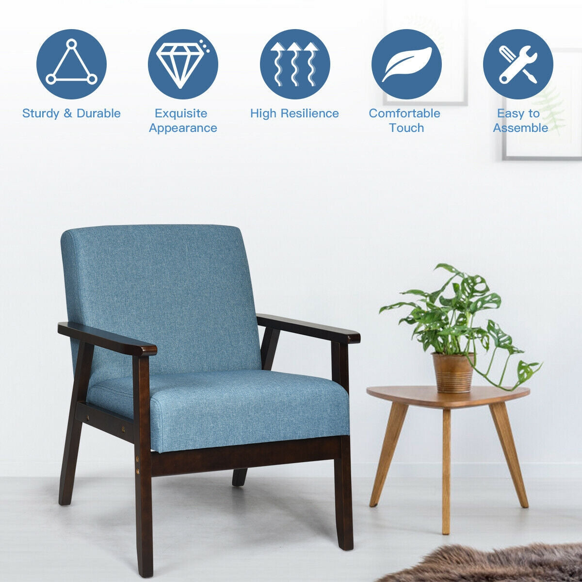 Mid-Century Style Accent Chair with Solid Wood Frame and Soft Fabric Seat, Blue