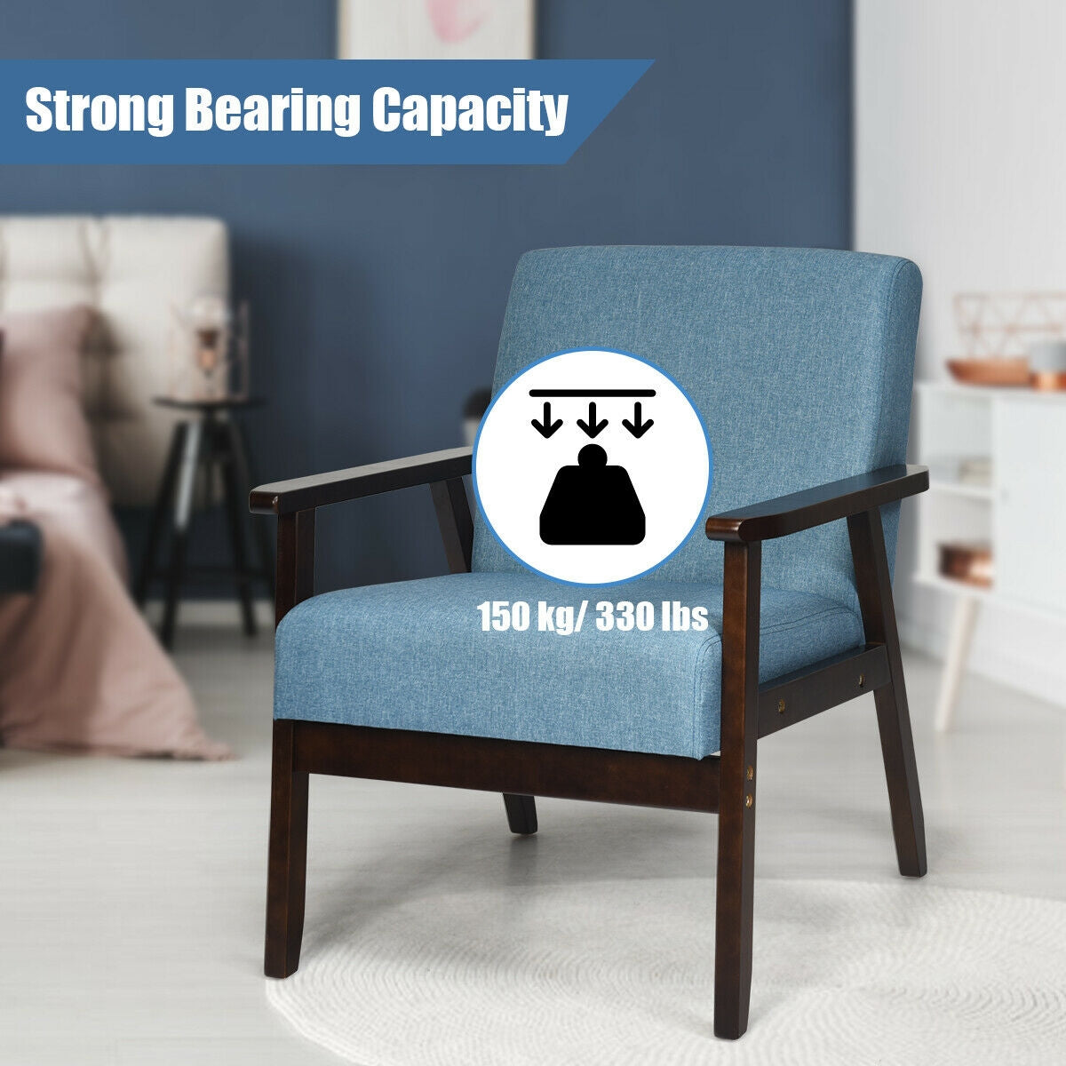 Mid-Century Style Accent Chair with Solid Wood Frame and Soft Fabric Seat, Blue