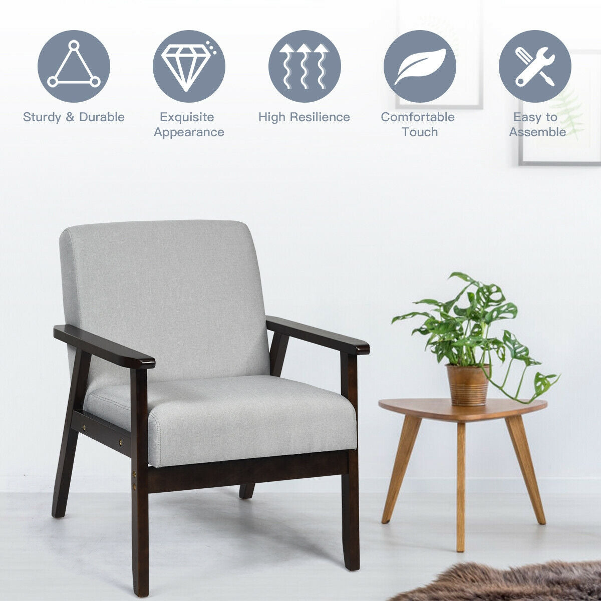 Mid-Century Style Accent Chair with Solid Wood Frame and Soft Fabric Seat, Light Grey