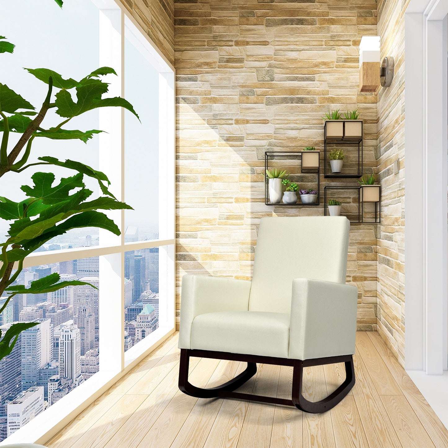 Convertible Rocking Chair and Accent Armchair with Cushion and Pillow in Beige