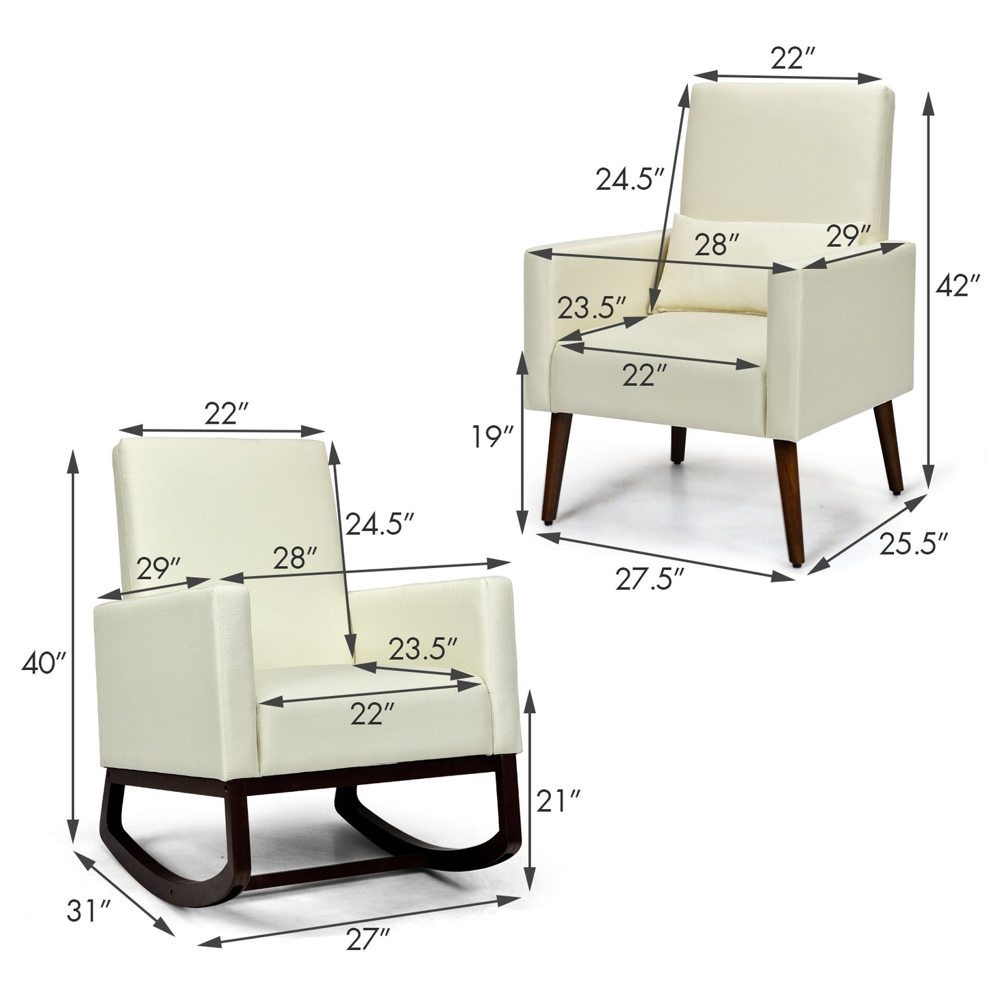 Convertible Rocking Chair and Accent Armchair with Cushion and Pillow in Beige