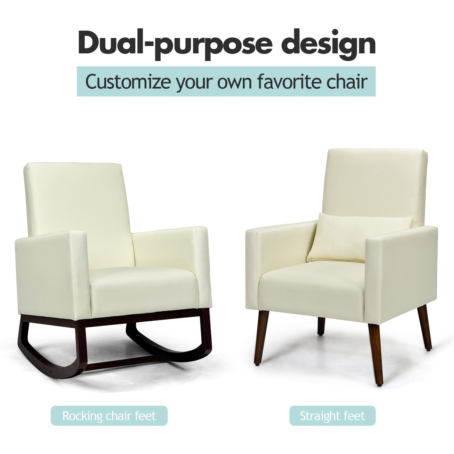 Convertible Rocking Chair and Accent Armchair with Cushion and Pillow in Beige