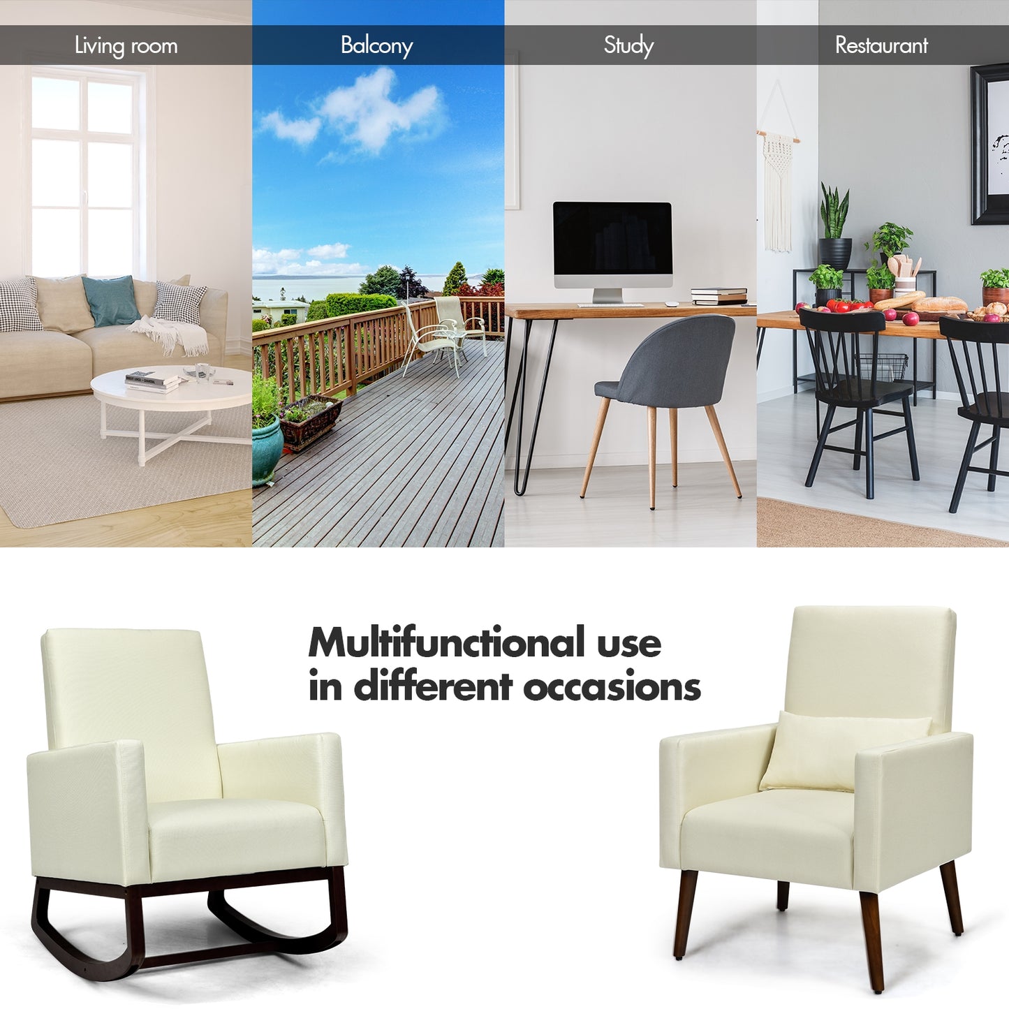 Convertible Rocking Chair and Accent Armchair with Cushion and Pillow in Beige