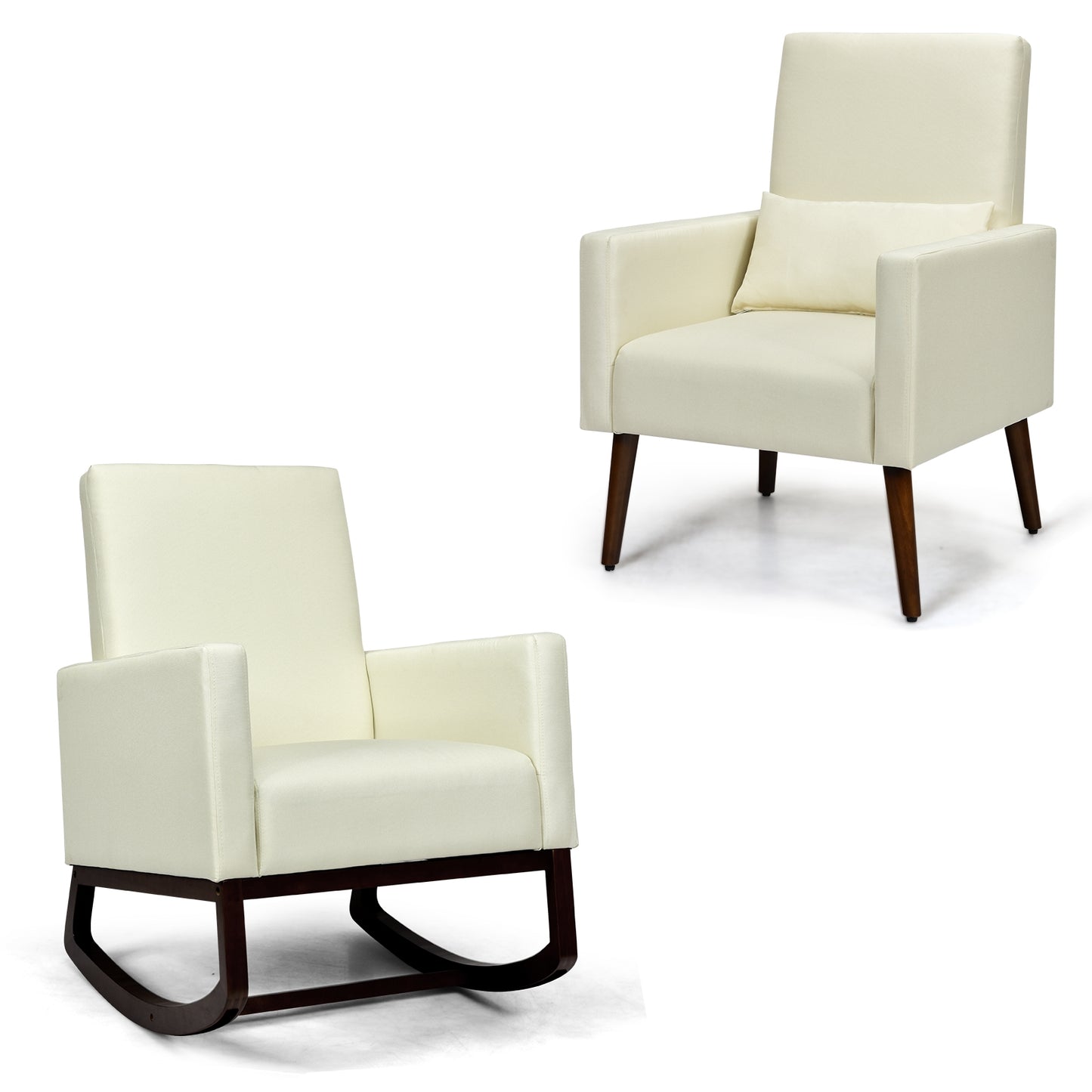 Convertible Rocking Chair and Accent Armchair with Cushion and Pillow in Beige