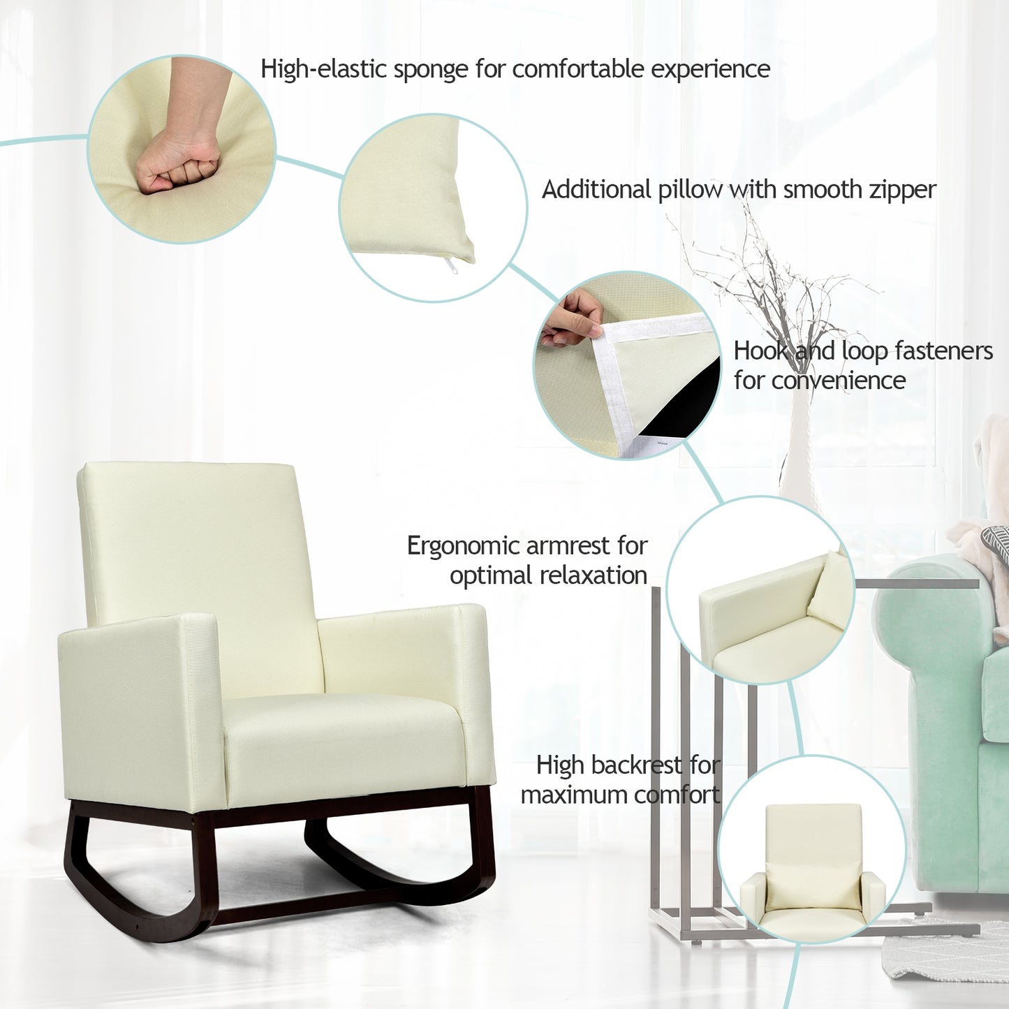 Convertible Rocking Chair and Accent Armchair with Cushion and Pillow in Beige