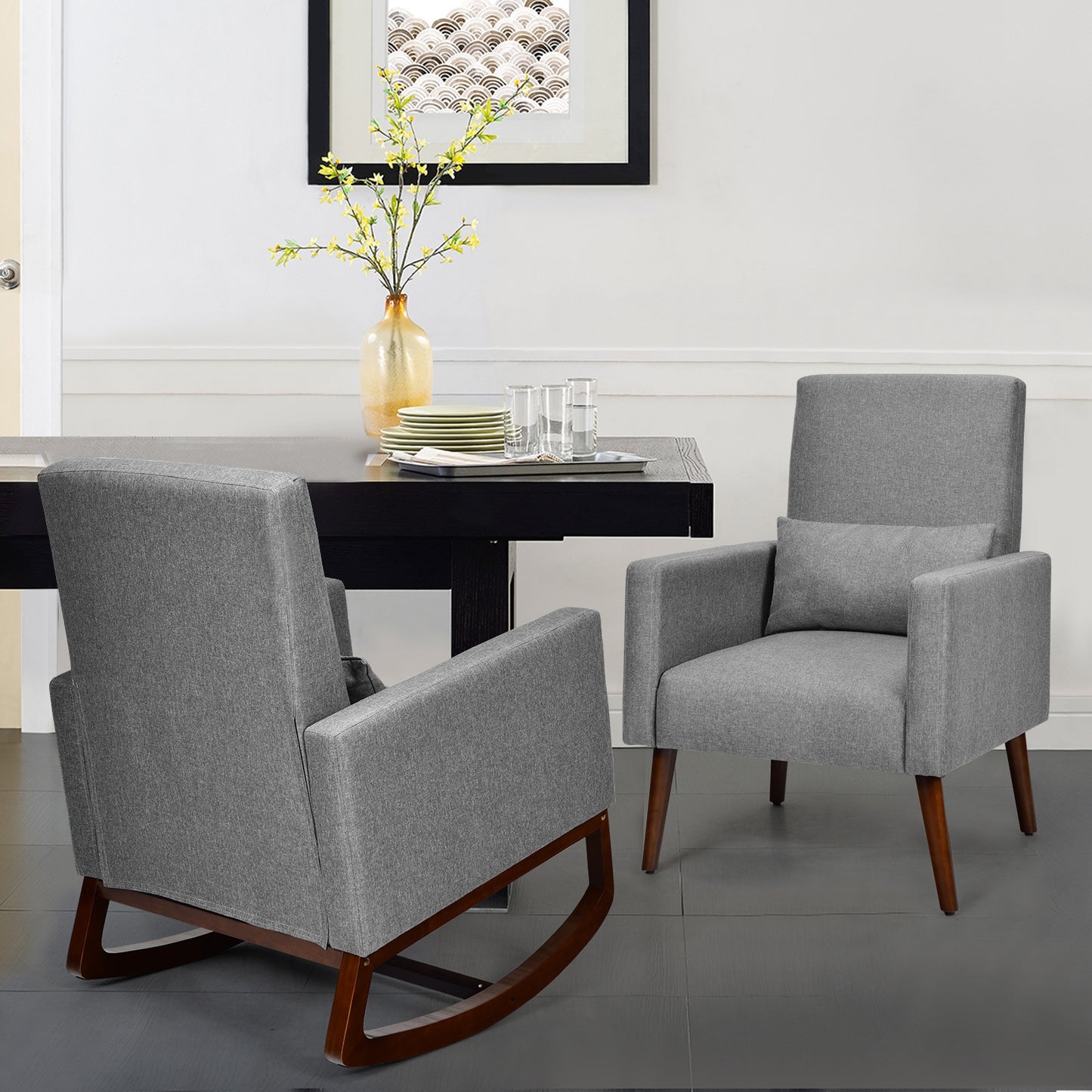 Convertible Rocking Chair and Accent Armchair with Cushion and Pillow in Grey