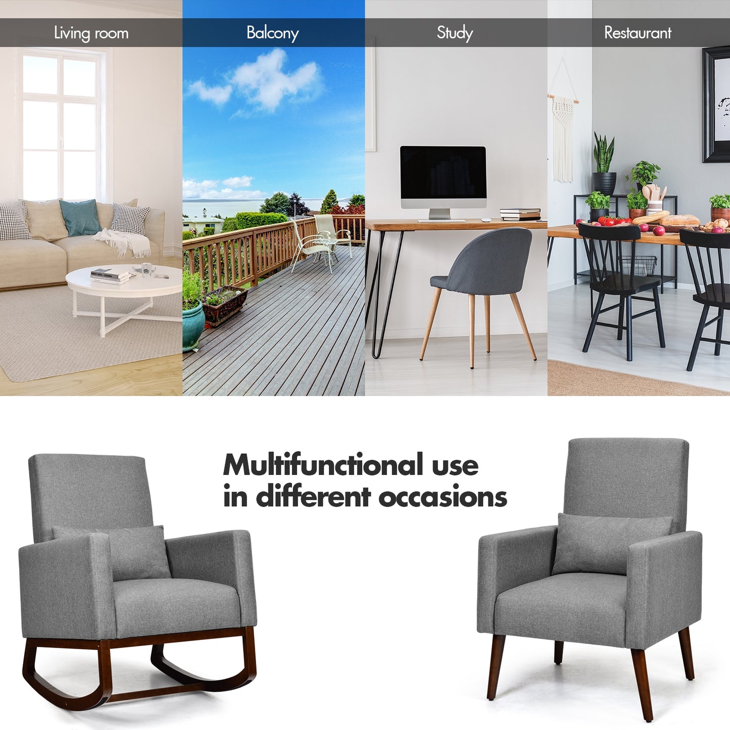 Convertible Rocking Chair and Accent Armchair with Cushion and Pillow in Grey