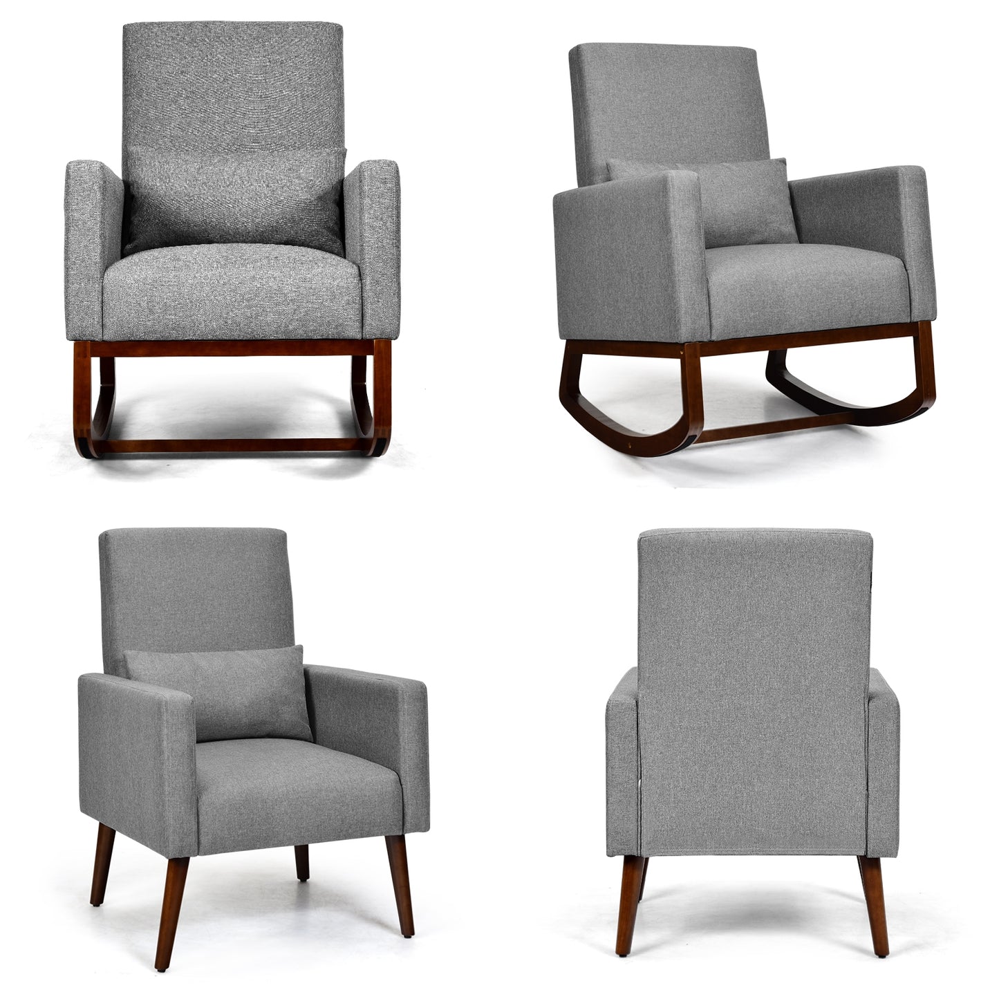 Convertible Rocking Chair and Accent Armchair with Cushion and Pillow in Grey