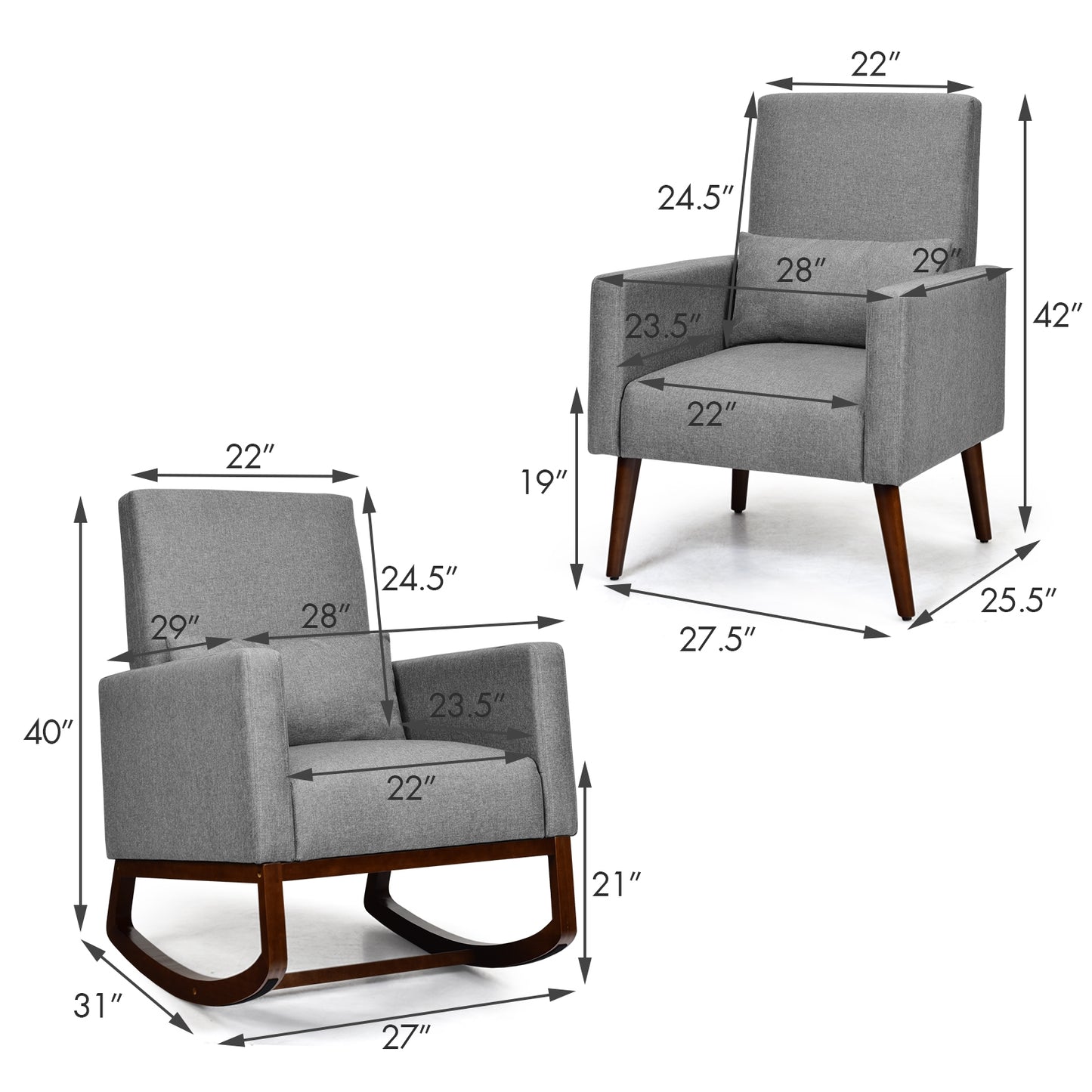 Convertible Rocking Chair and Accent Armchair with Cushion and Pillow in Grey