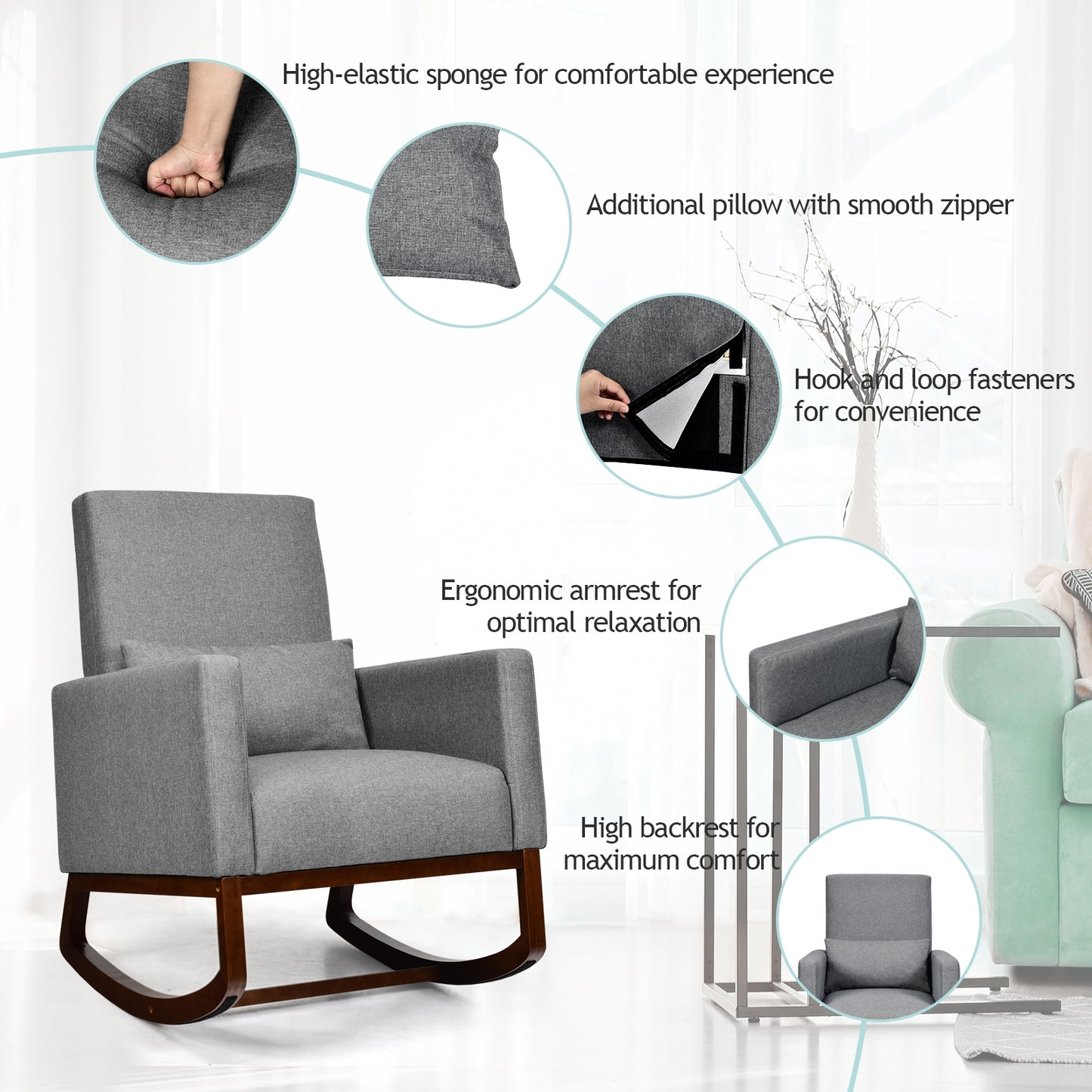 Convertible Rocking Chair and Accent Armchair with Cushion and Pillow in Grey