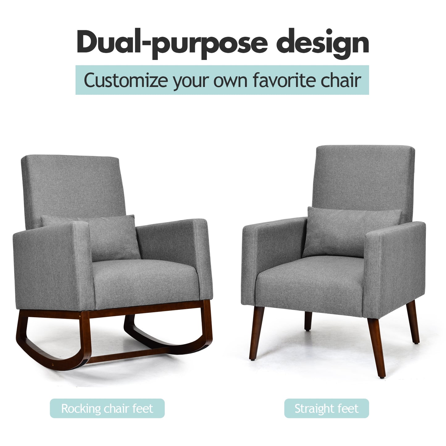 Convertible Rocking Chair and Accent Armchair with Cushion and Pillow in Grey