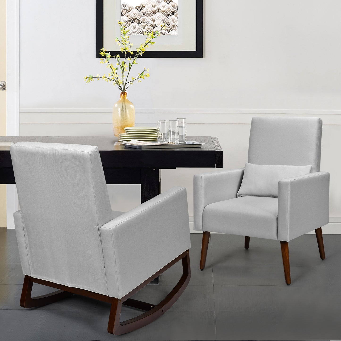 Convertible Rocking Chair and Accent Armchair with Cushion and Pillow in Light Grey