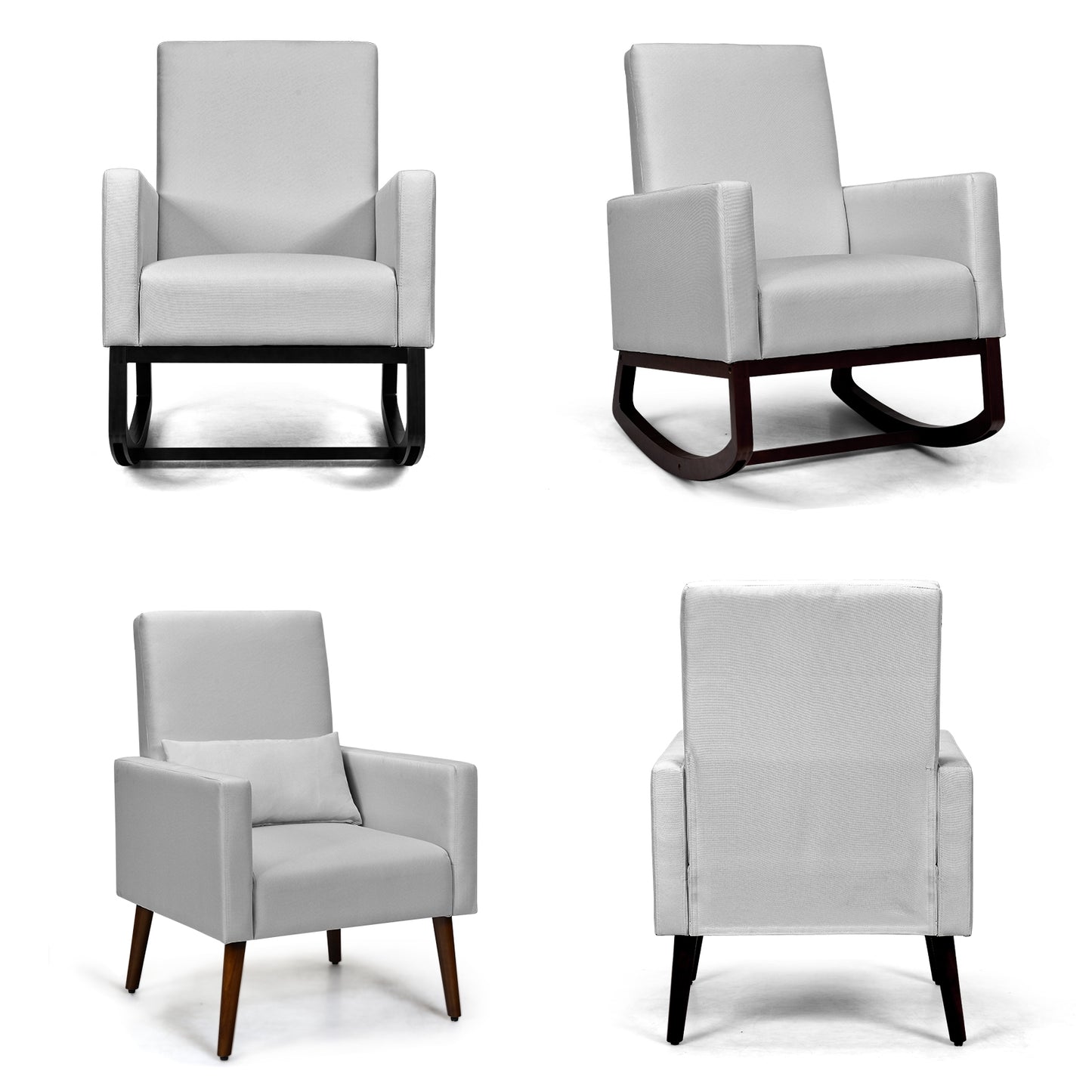 Convertible Rocking Chair and Accent Armchair with Cushion and Pillow in Light Grey