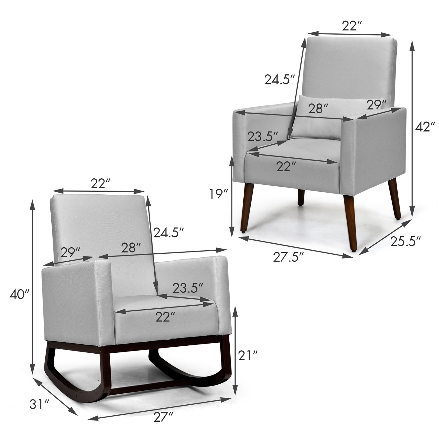 Convertible Rocking Chair and Accent Armchair with Cushion and Pillow in Light Grey