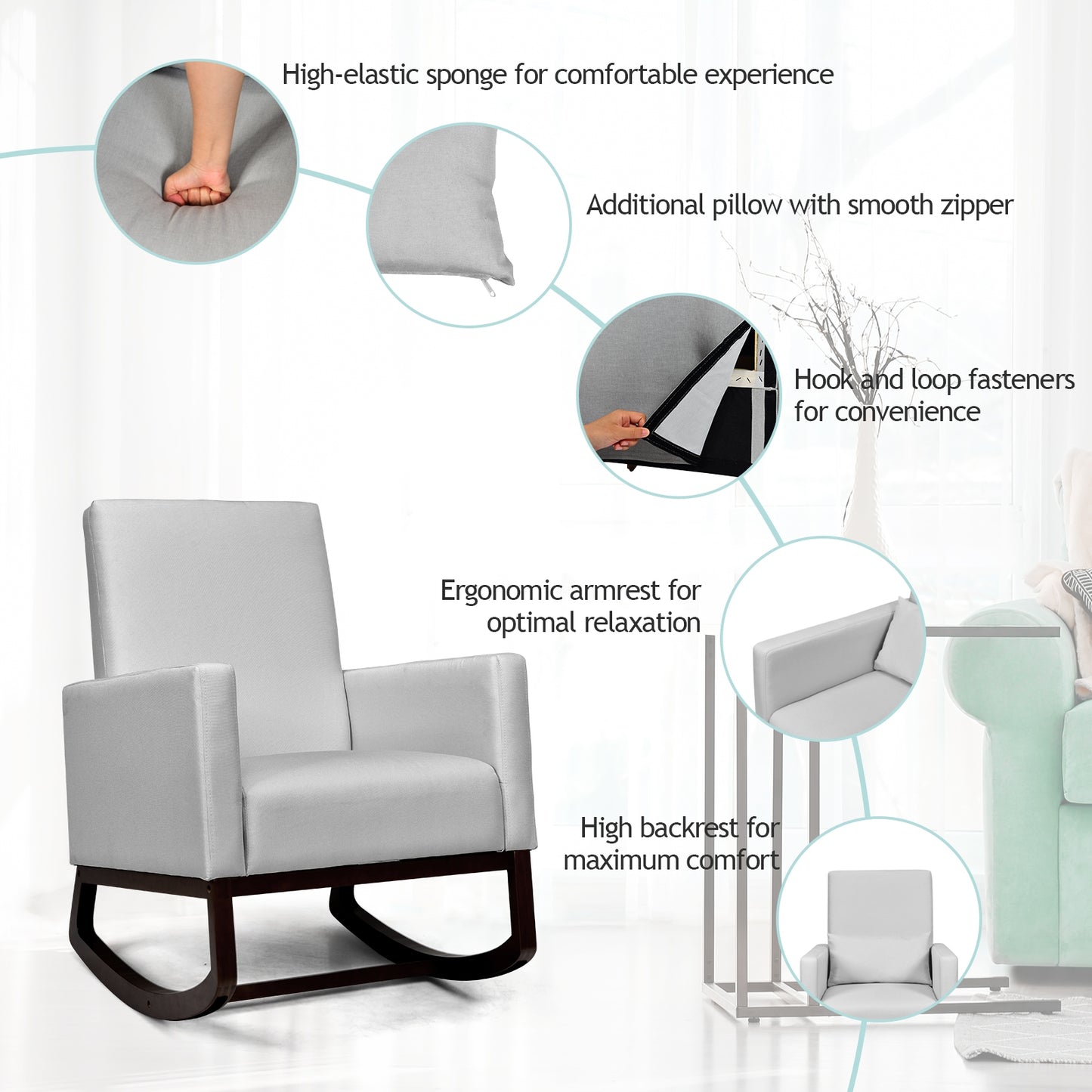 Convertible Rocking Chair and Accent Armchair with Cushion and Pillow in Light Grey