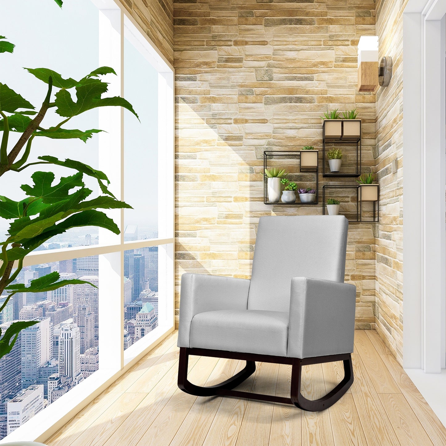 Convertible Rocking Chair and Accent Armchair with Cushion and Pillow in Light Grey