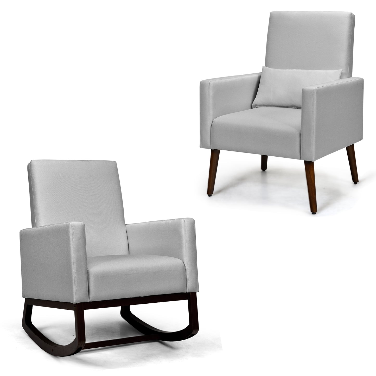 Convertible Rocking Chair and Accent Armchair with Cushion and Pillow in Light Grey