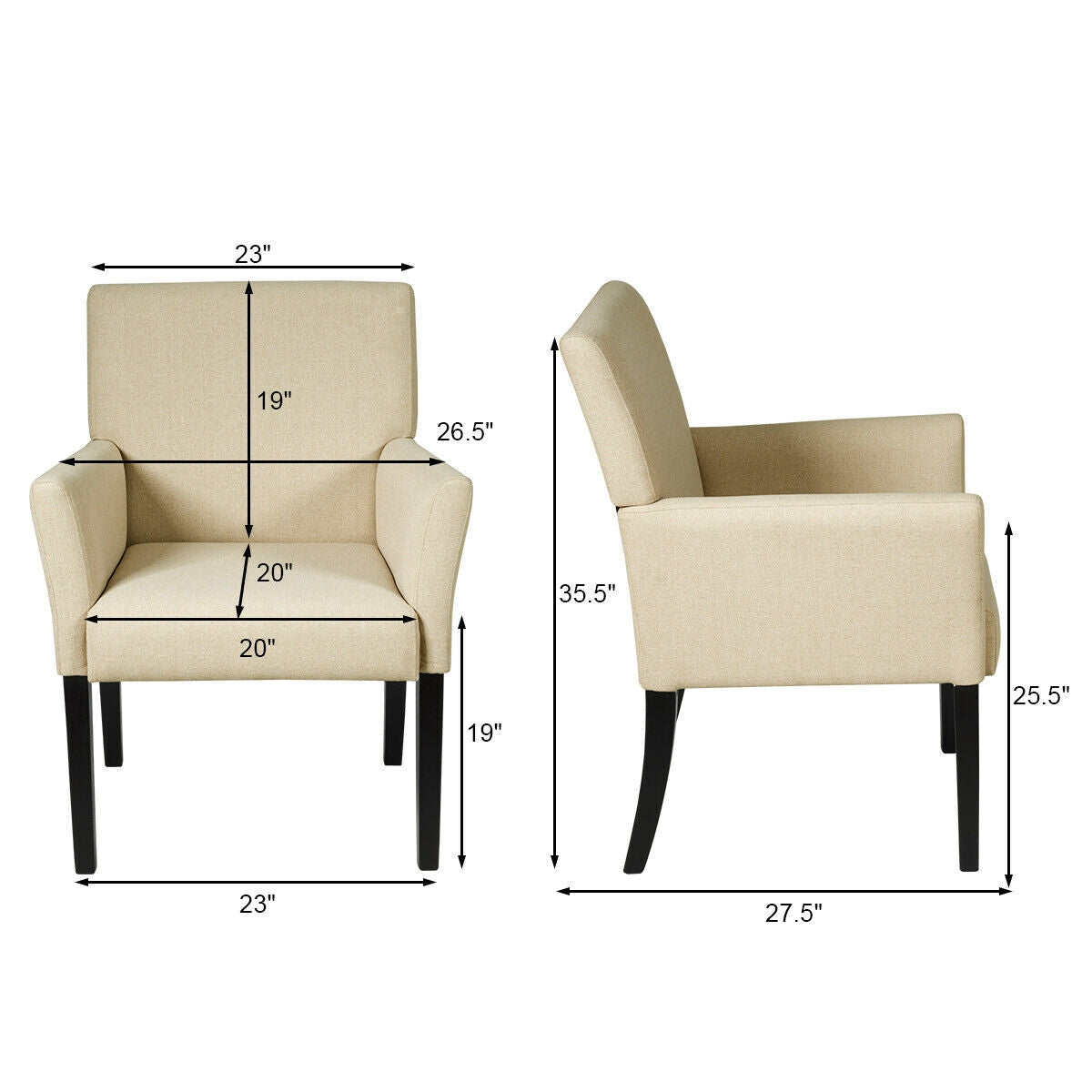 Modern Upholstered Guest Armchair with Curved Back and Solid Rubber Wood Legs in Beige