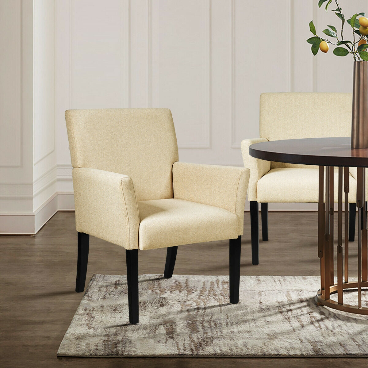 Modern Upholstered Guest Armchair with Curved Back and Solid Rubber Wood Legs in Beige
