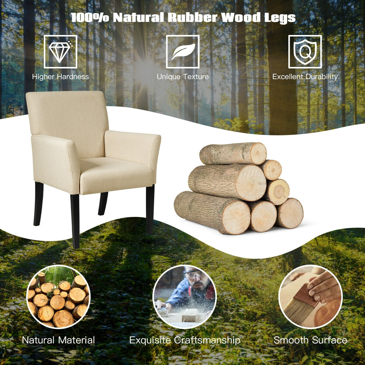 Modern Upholstered Guest Armchair with Curved Back and Solid Rubber Wood Legs in Beige