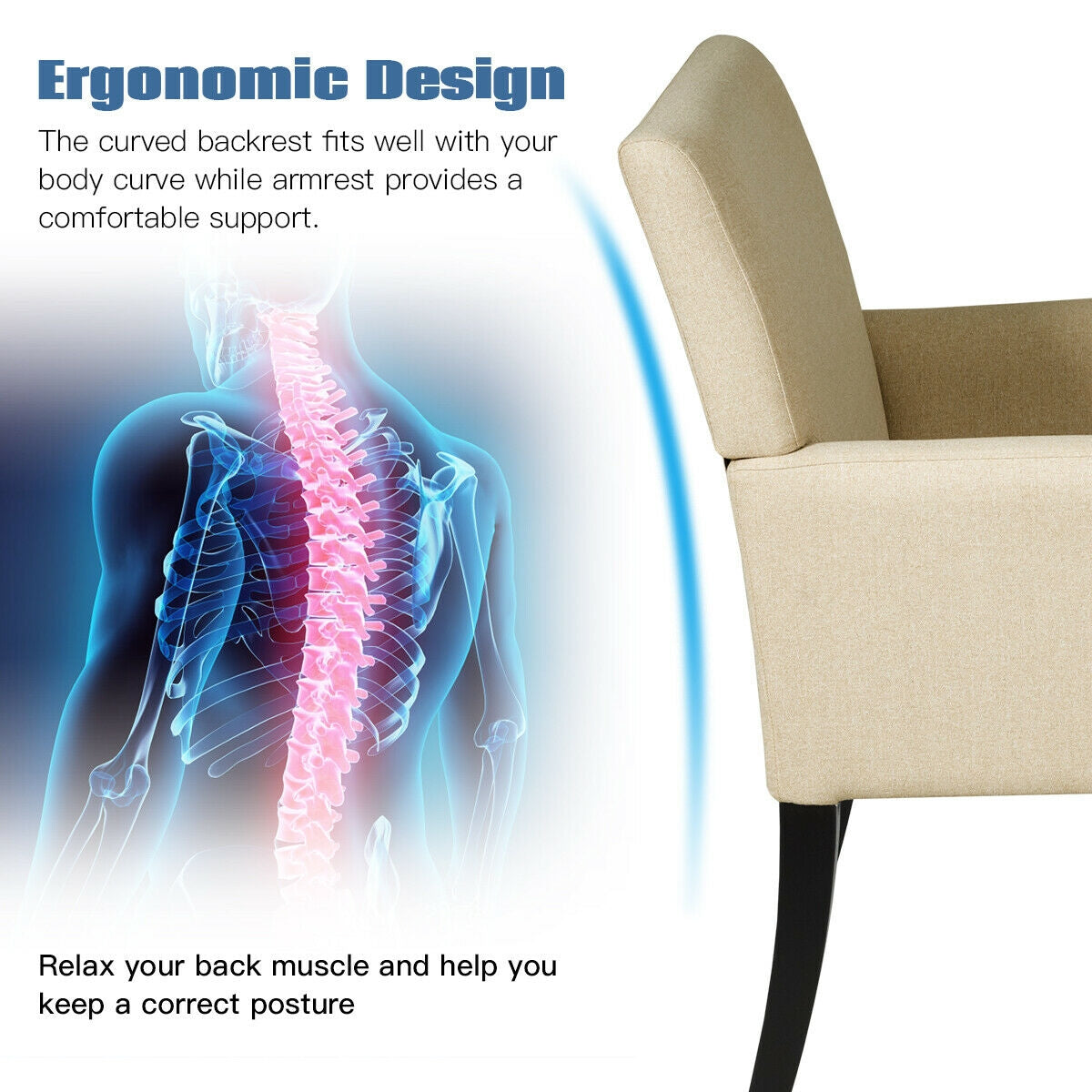 Modern Upholstered Guest Armchair with Curved Back and Solid Rubber Wood Legs in Beige