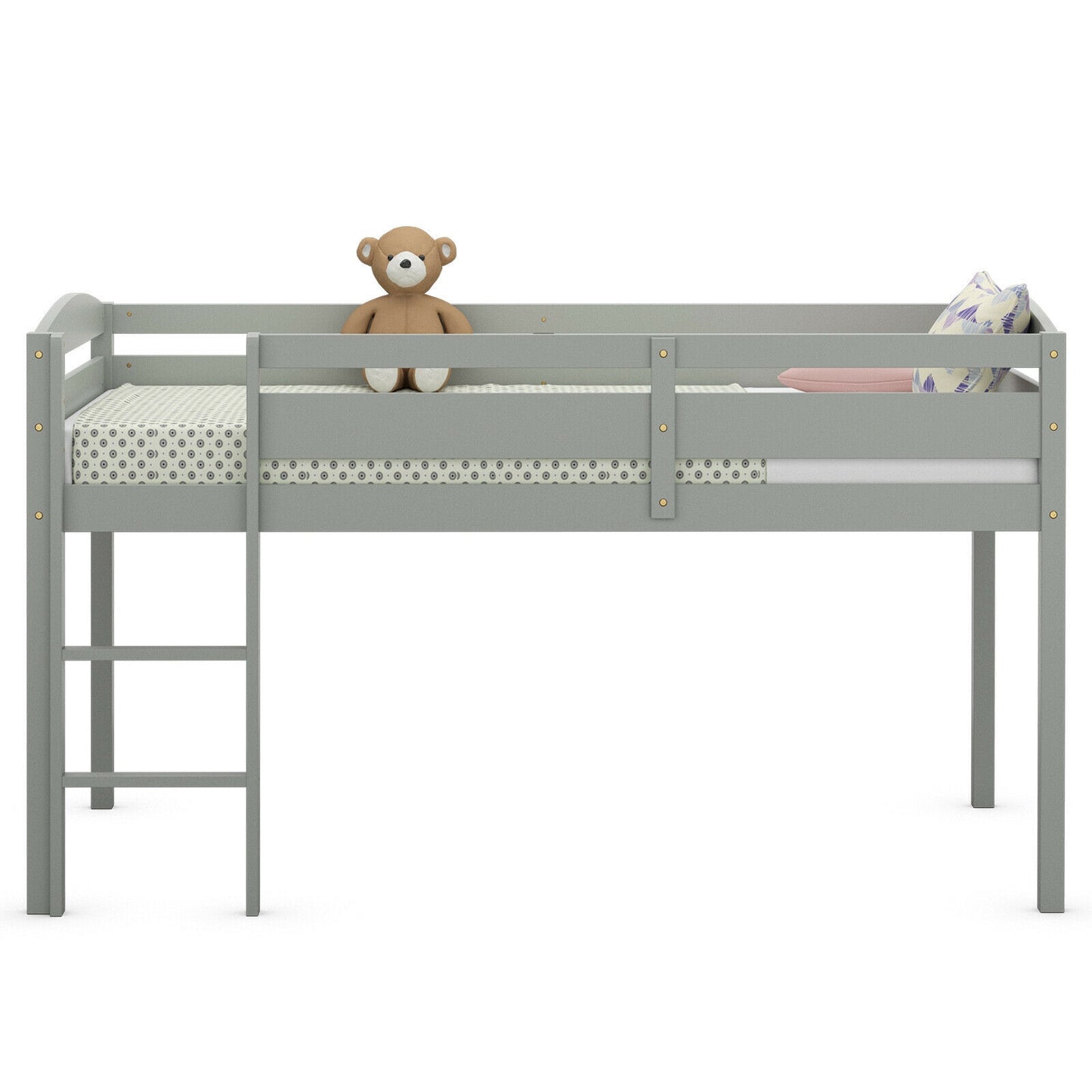 Solid Wood Twin Low Loft Bunk Bed with Guardrails and Easy Climb Ladder - Grey