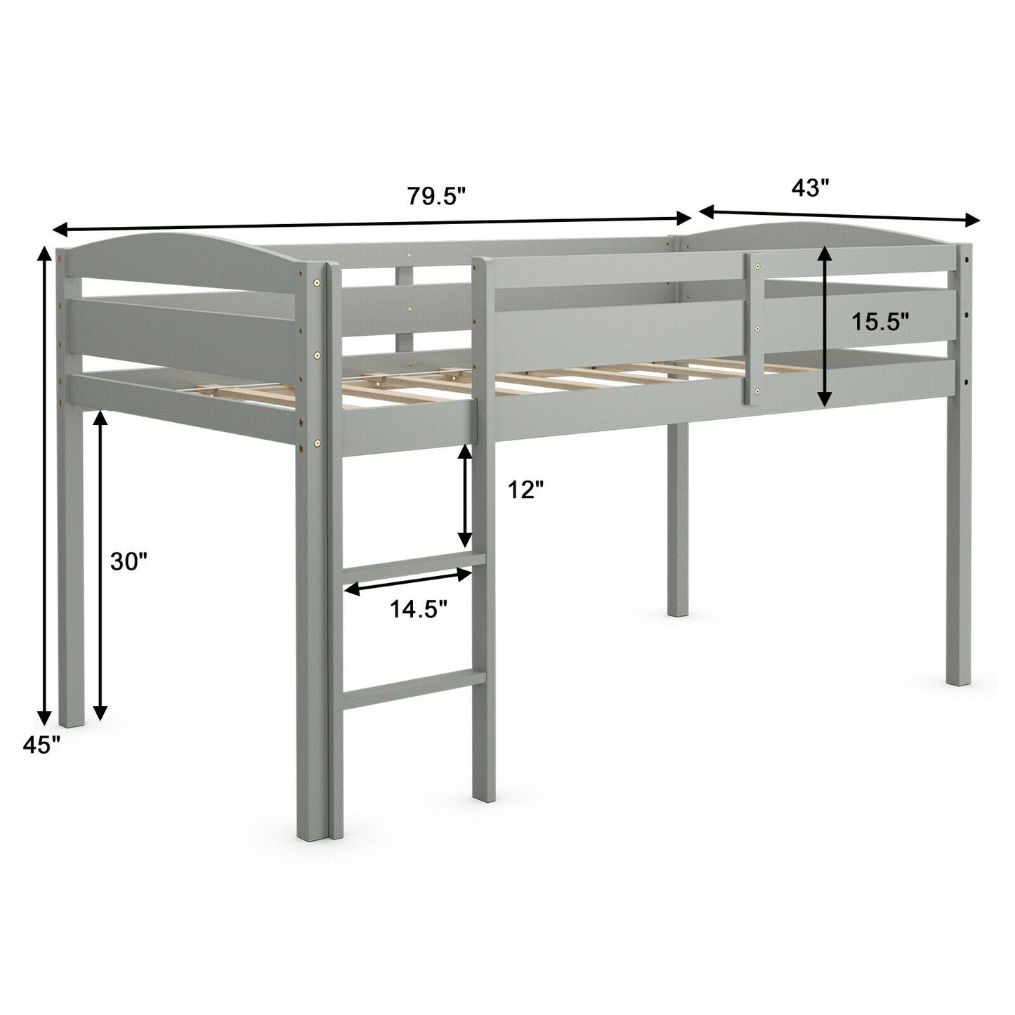 Solid Wood Twin Low Loft Bunk Bed with Guardrails and Easy Climb Ladder - Grey
